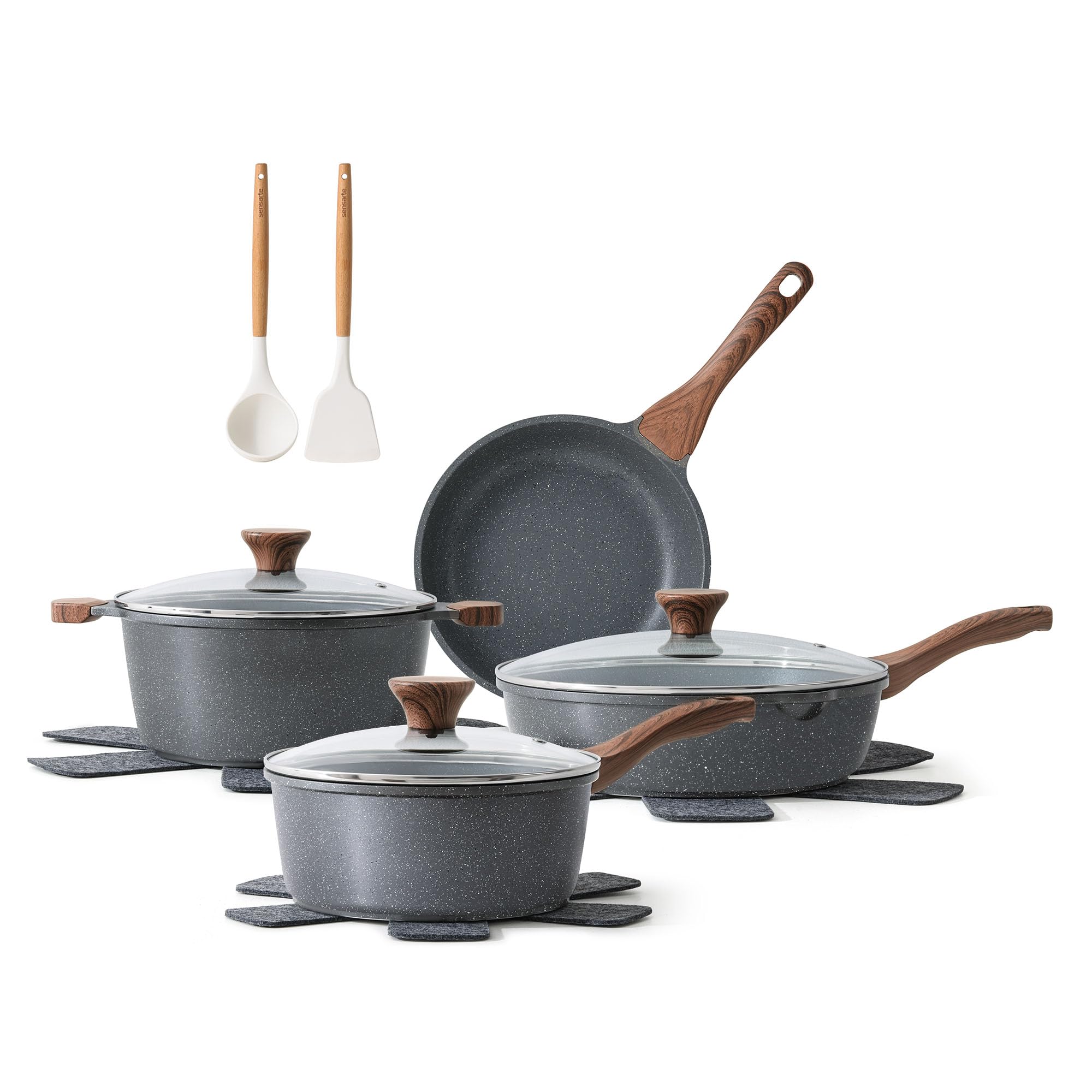 SENSARTE Nonstick Cookware Set 13-Piece, Non Stick Pots and Pans Set with Swiss Granite Coating, Healthy Kitchen Cooking Set, Stay-Cool Handles, PFOA Free: Gray