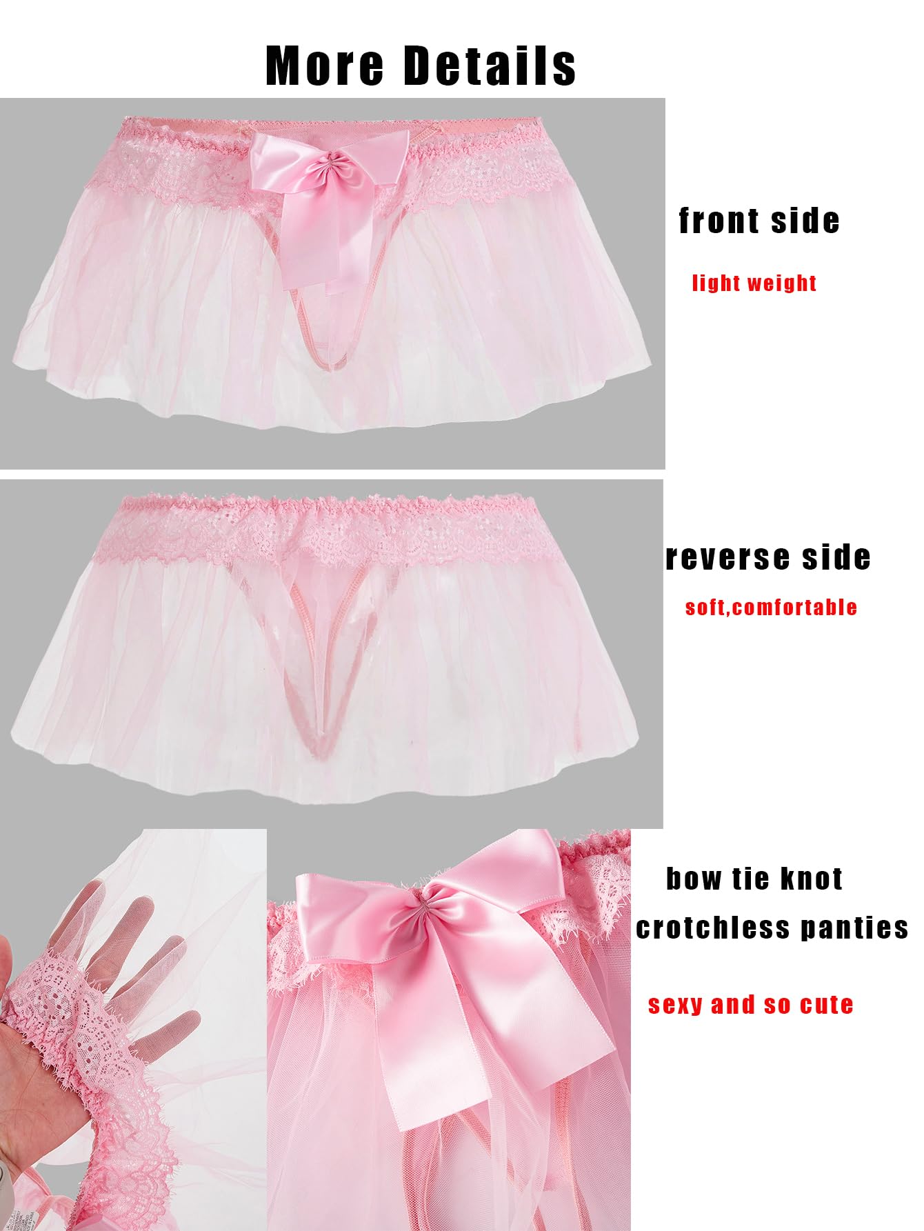 OYOANGLE Women's Mesh Babydoll Lingerie Cute Bow Tie Ruffle Lace Trim Thong Panty Low Rise Underwear: Small Pink