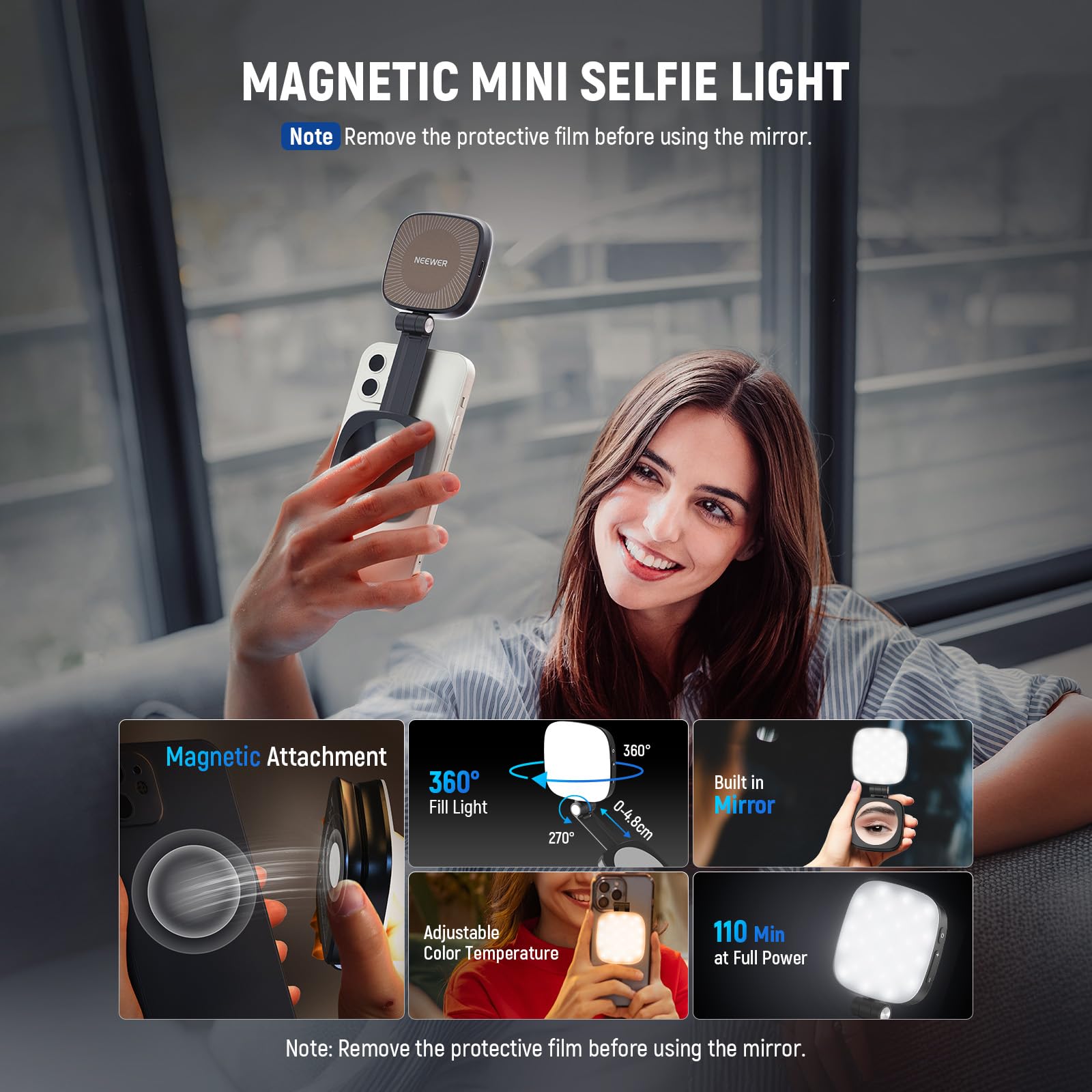 NEEWER BASICS Magnetic Selfie Light Compatible with MagSafe iPhone, CRI95 700lx/0.3m Folding LED Phone Fill Ring Lighting with Mirror for Zoom Makeup Photography Recording Video Conference,