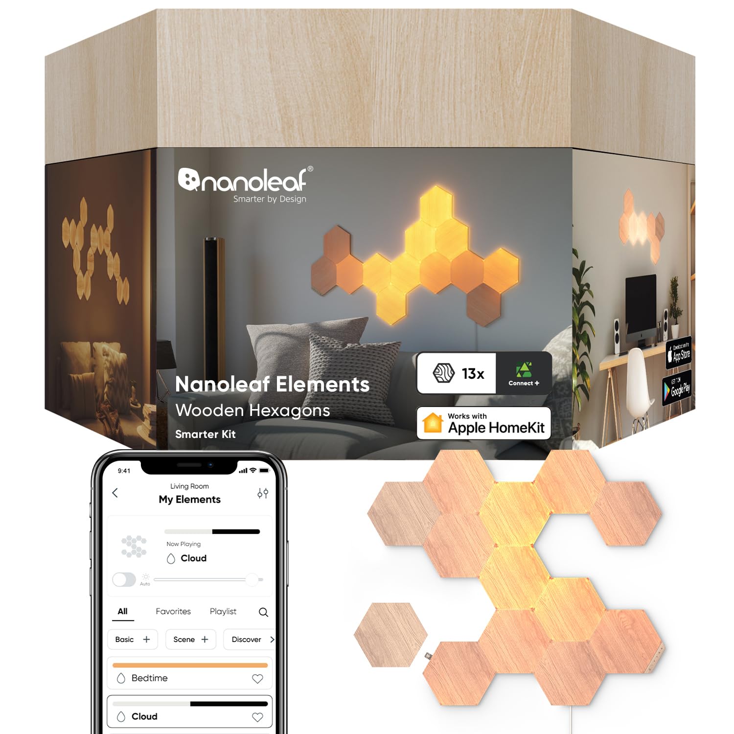 Nanoleaf Elements Wood Look Smart Wall Lights, Hexagon LED Wall Lights Work with Alexa Google Assistant, Home Wall Decor for Living Room with Music Sync, Touch Control, Ambient White 1500-4000K, 7 PK: Smarter Kit (13 Panel)