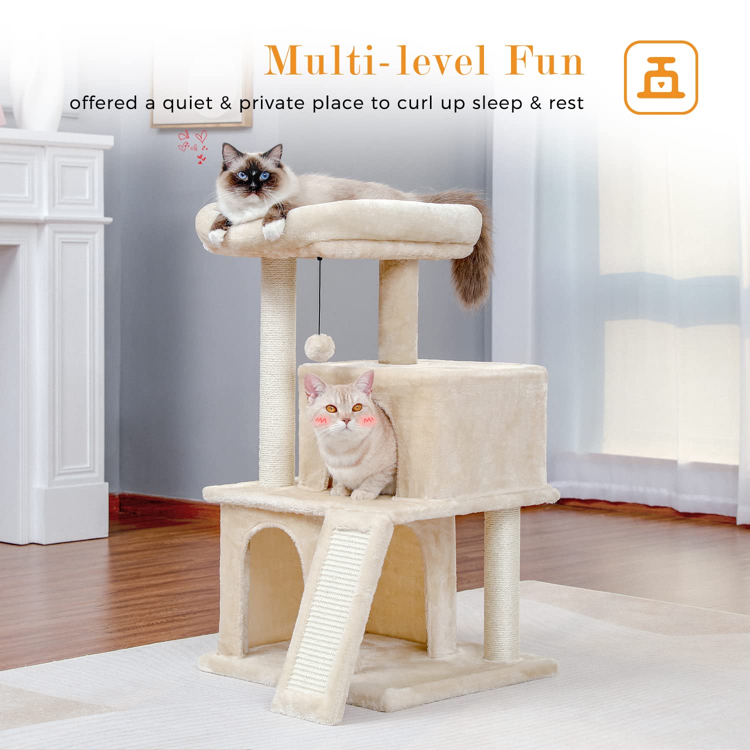 PAWZ Road Large Cat Tree, 41 Inches Gothic Cat Tower with 2 Spacious Condos for Indoor Cats, Large Black Cat House with Comfy Hammock, Padded Perch, Scratching Pad and Replaceable Balls-Black