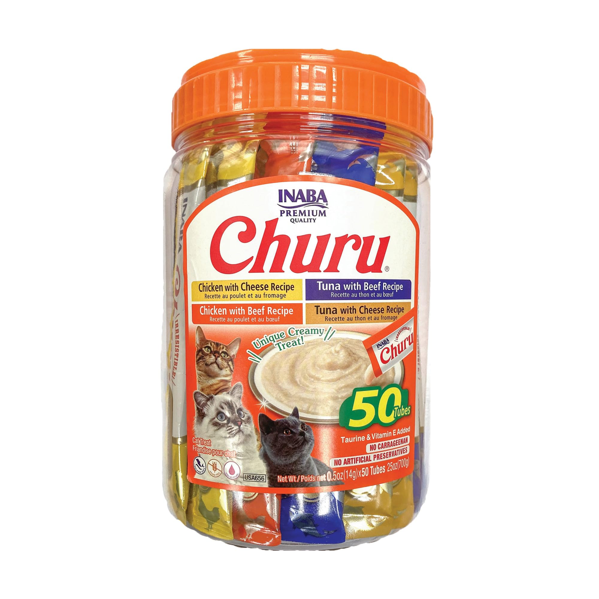 INABA Churu Cat Treats, Grain-Free, Lickable, Squeezable Creamy Purée Cat Treat/Topper with Vitamin E & Taurine, 0.5 Ounces Each Tube, 50 Tubes, Tuna & Chicken Variety: Beef &amp; Cheese Variety 0.5 Ounce (Pack of 50)