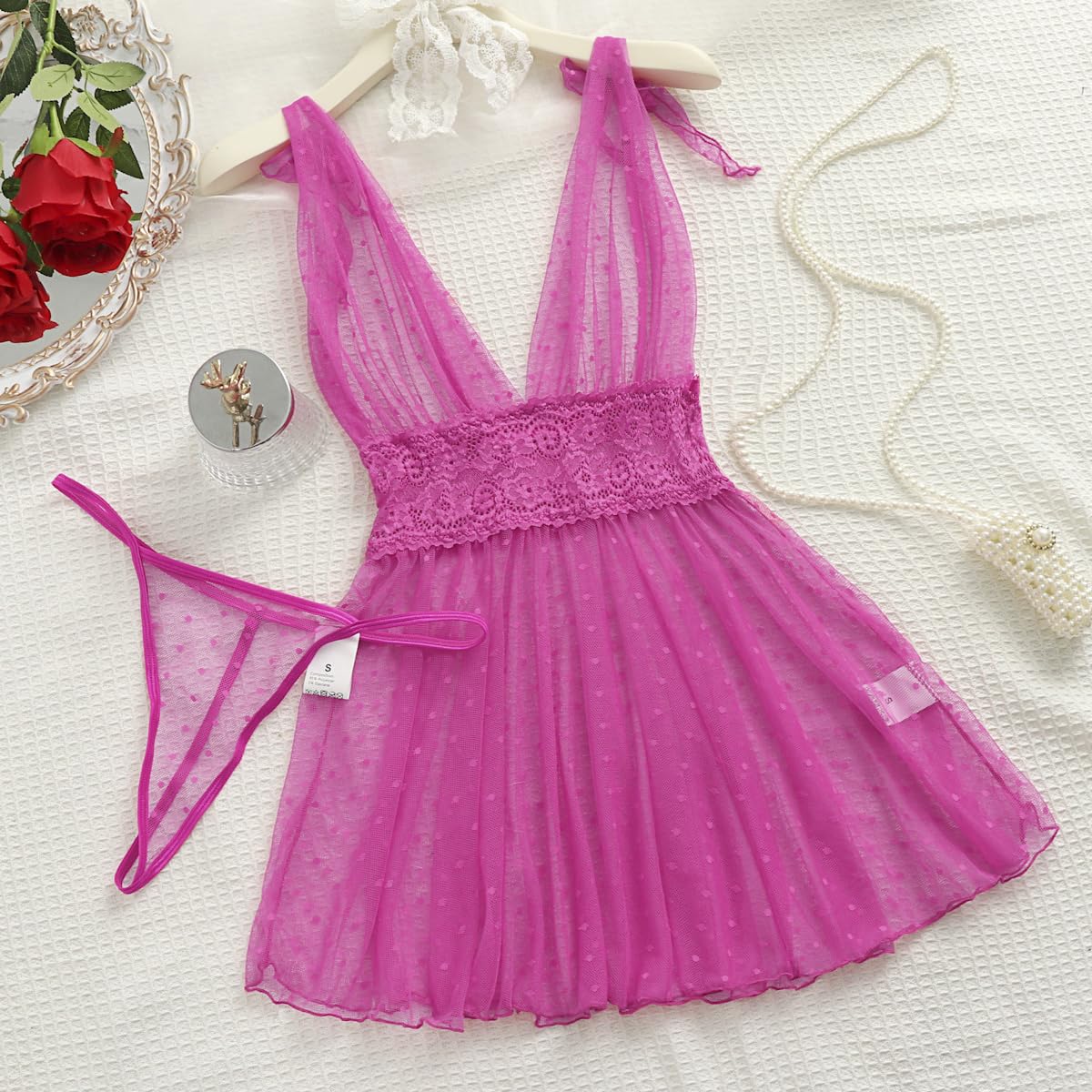 Lilosy Sexy Polka Dots Mesh Sheer Lace Babydoll Chemise Lingerie Set Floral Lace Sleep Wear: Small Light Hot Pink