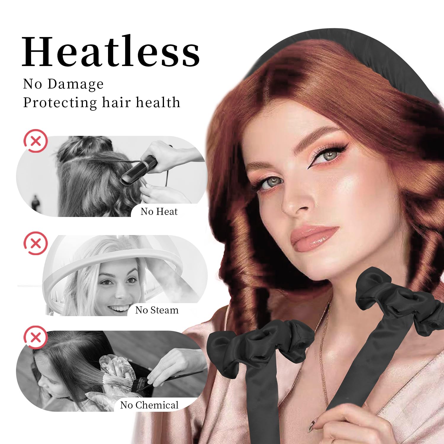 Heatless Curls Overnight, Heatless Hair Curler and Curling Scrunchie Set, Heatless Curling Rod with Spray Bottle, No-Heat Hair Curlers, Overnight Blowout Rods, for Medium to Long Hair (Black): Black-9pcs