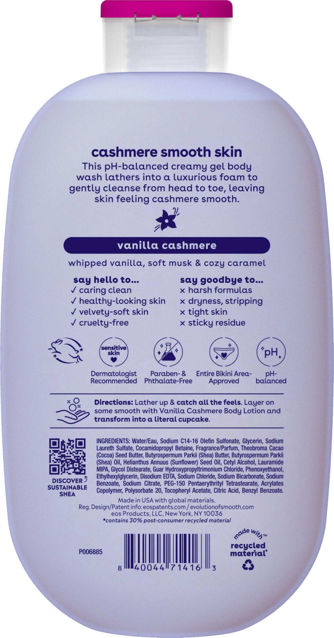 eos Shea Better Cashmere Body Wash, Fresh & Cozy, Moisturizing, pH Balanced Body Wash, Creamy Gel Formula, Paraben & Phthalate Free, Sensitive Skin, 16 fl oz: Vanilla Cashmere 16 Fl Oz (Pack of 1)