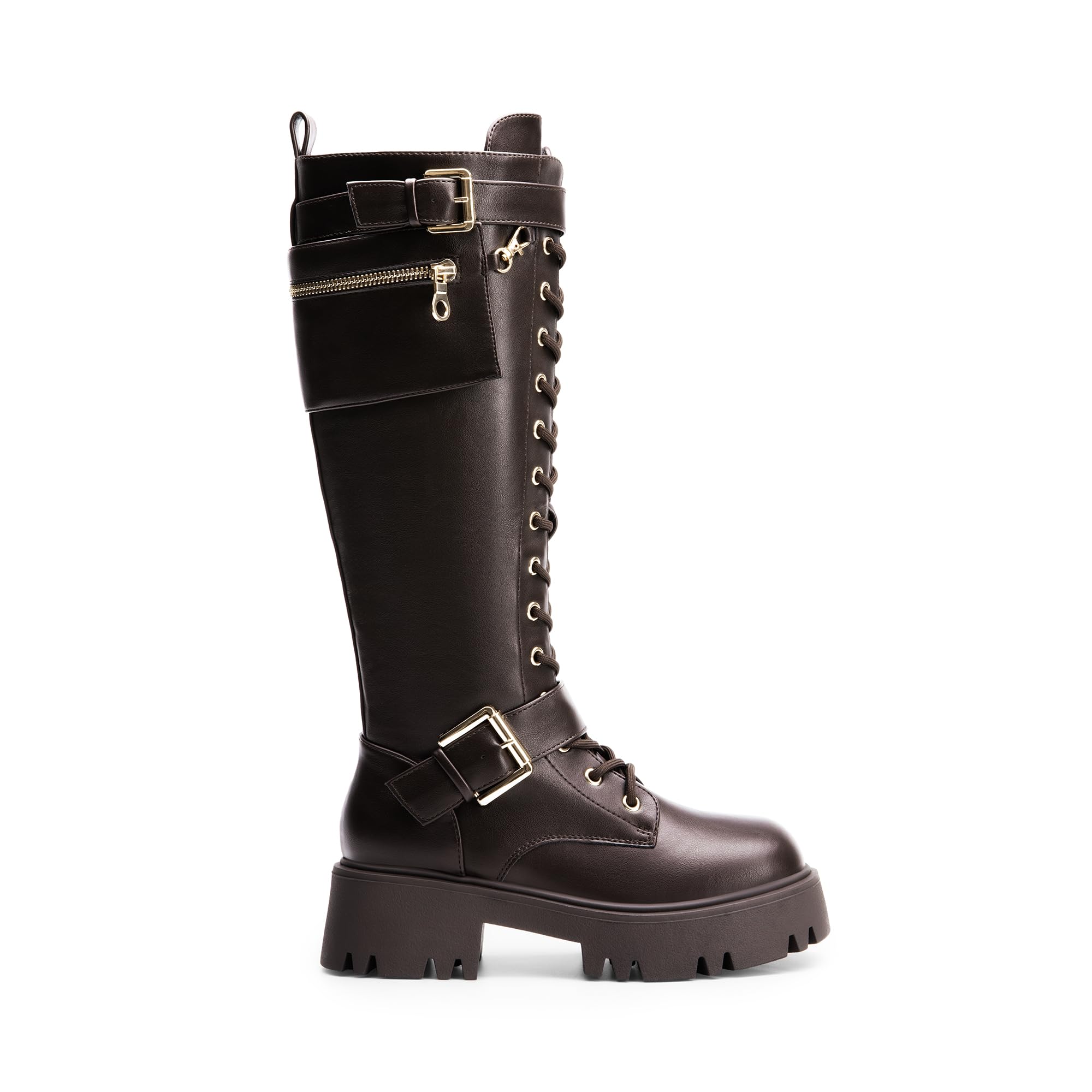 DREAM PAIRS Women's Combat Riding Platform Knee High Boots, Lace Up Fall Lug Sole Gothic Motorcycle Boots with Inside Zipper: 7.5 Brown