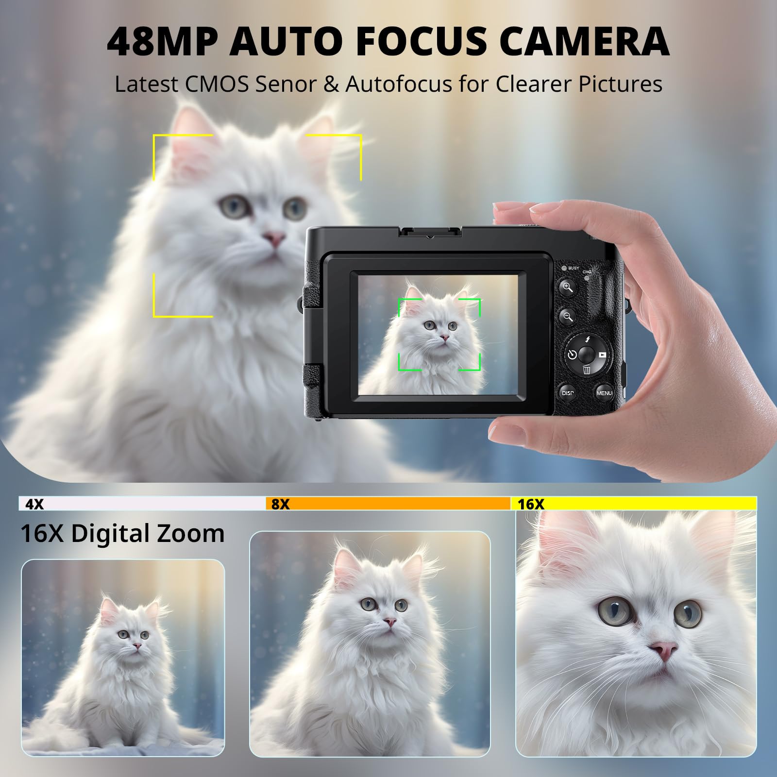 4K Digital Camera for Photography Autofocus, 2024 Latest 48MP Vlogging Camera for YouTube with SD Card, 2 Batteries, 3" 180°Flip Screen Compact Travel Camera for Teens with 16X Zoom, Anti-Shake,: Black