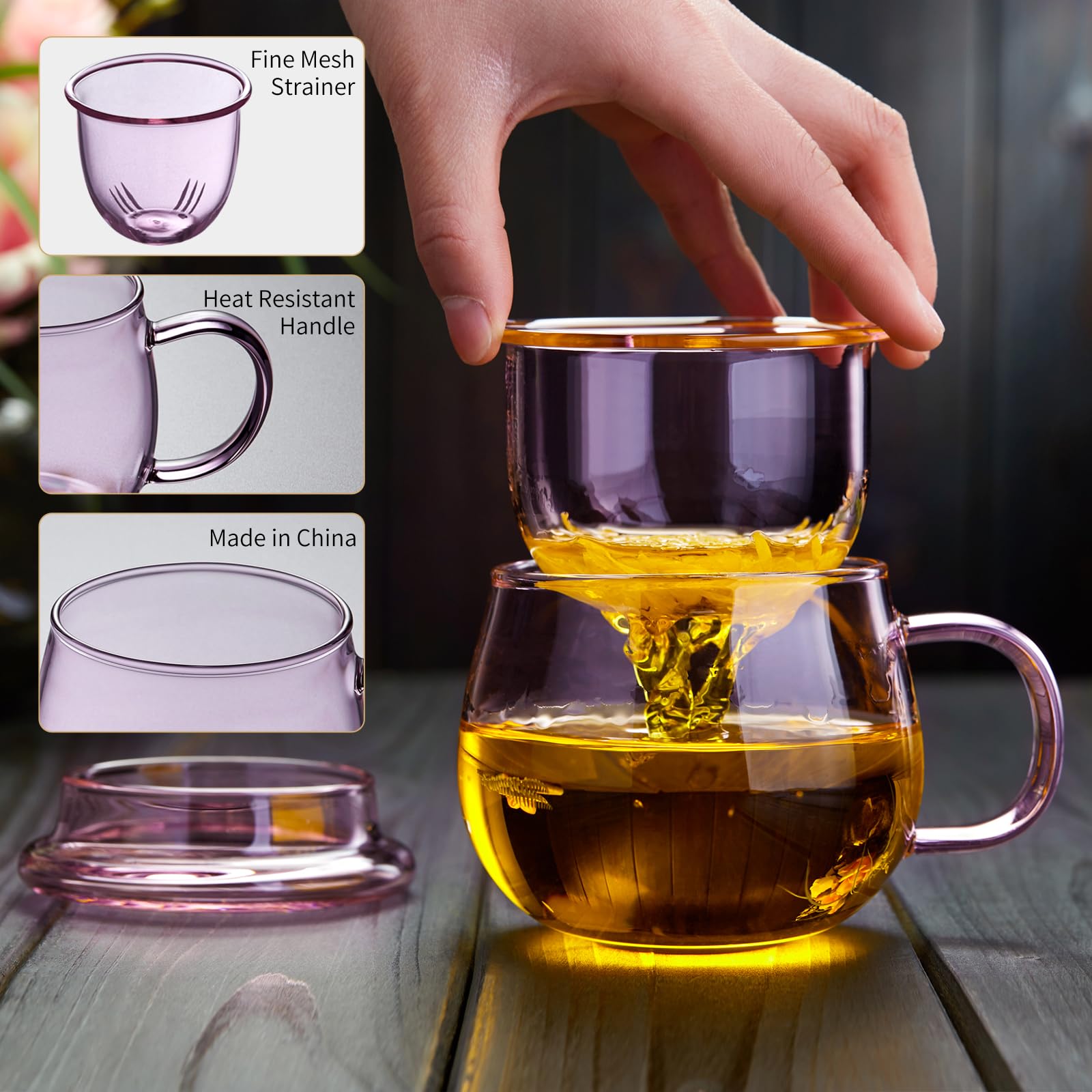 DOPUDO Glass Tea Cup with Infuser and Lid, 17.6oz/520ml Large Borosilicate Teacup,Tea Glass, Clear Mug for Loose Leaf Tea, Blooming Tea, Microwave & Dishwasher Safe - Tea Maker Gift for Birthday: Glass 11OZ