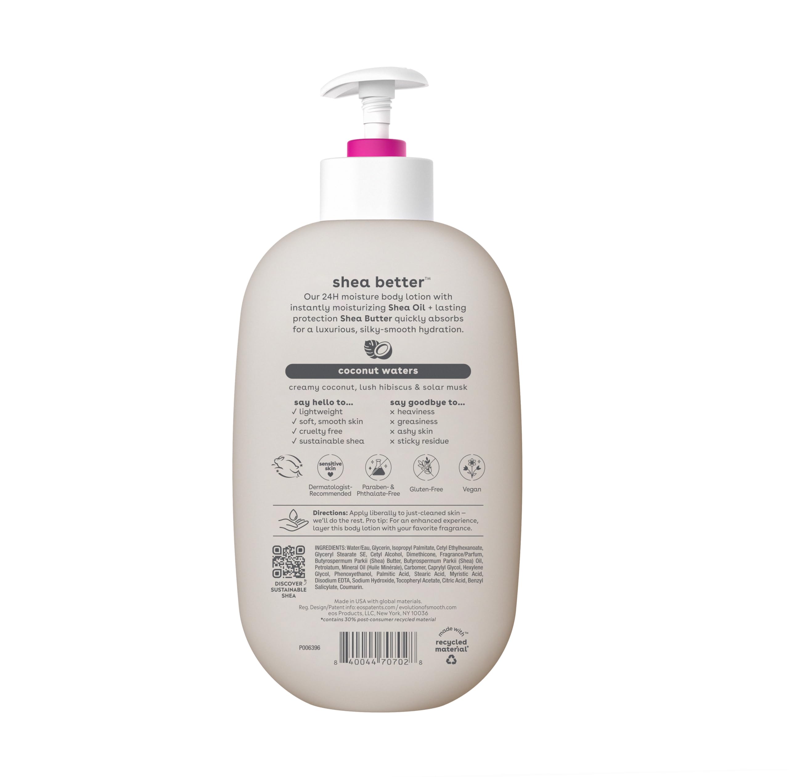 eos Shea Better Body Lotion- Pomegranate Raspberry, 24-Hour Moisture Skin Care, Lightweight & Non-Greasy, Made with Natural Shea, Vegan, 16 fl oz: Coconut Waters 16 Fl Oz (Pack of 1)