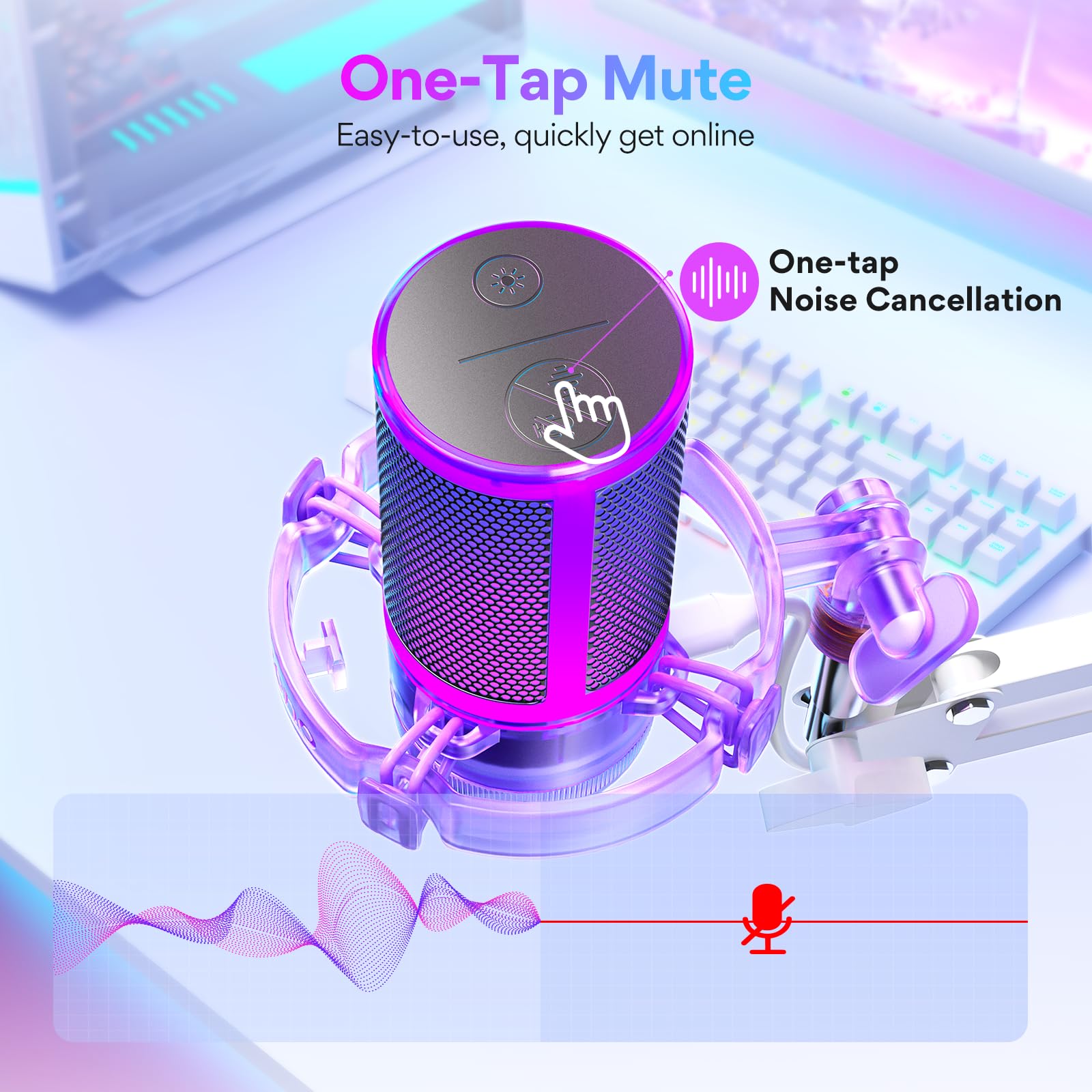 MAONO Gaming USB Microphone, Noise Cancellation Condenser mic with Mute, Gain, Monitoring, Boom Arm for Streaming, Podcast, Twitch, YouTube, Discord, PC, Computer, PS4, PS5, Mac, GamerWave DGM20S: Purple