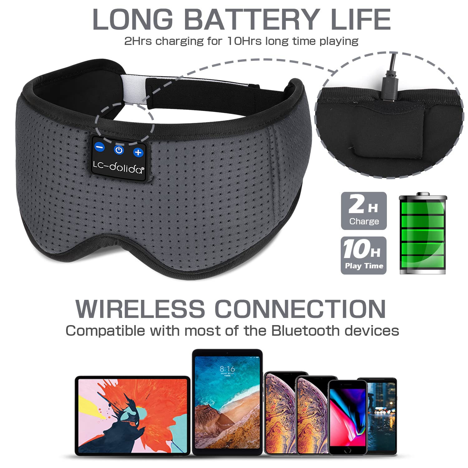 LC-dolida Sleep Headphones, 3D Sleep Mask Bluetooth Wireless Music Eye Mask, Sleeping Headphones for Side Sleepers Sleep Mask with Bluetooth Headphones Ultra-Thin Stereo Speakers Perfect for Sleeping thumbnail 5