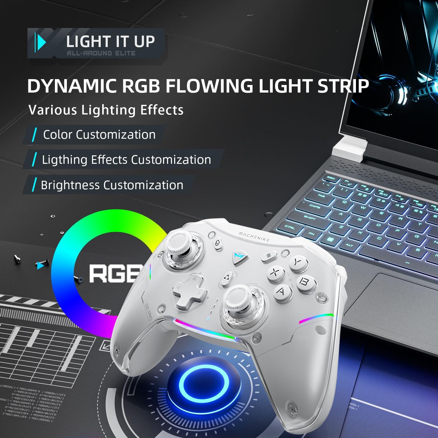 Machenike G5 Pro Wireless Gaming Controller for Windows PC,Switch,IOS&Android,PC Controller Hall Effect Joystick＆Triggers/Gyroscope,RGB Lights (): White