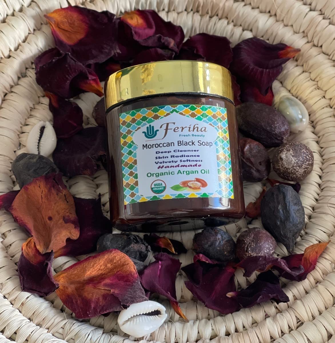 FERIHA Premium Moroccan Black Soap with Organic Argan Oil, 100% Authentic, Artisan Beldi Soap - Sourced, Crafted & Packed in Morocco - Traditional Hammam Formula