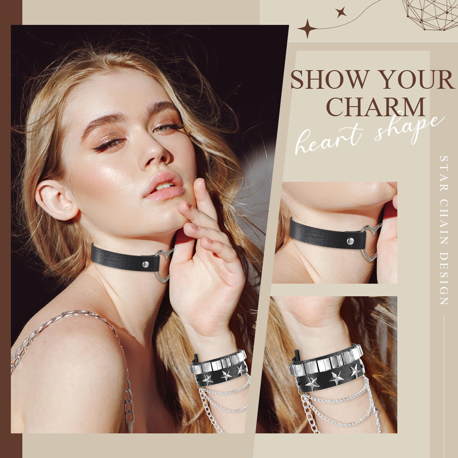 Cunno 13 Pcs Cool Steampunk Leather Choker Rock Gothic Necklace Bracelets Set Punk Spike Rivet Cuff for Cosplay Party Gift: Trendy Style