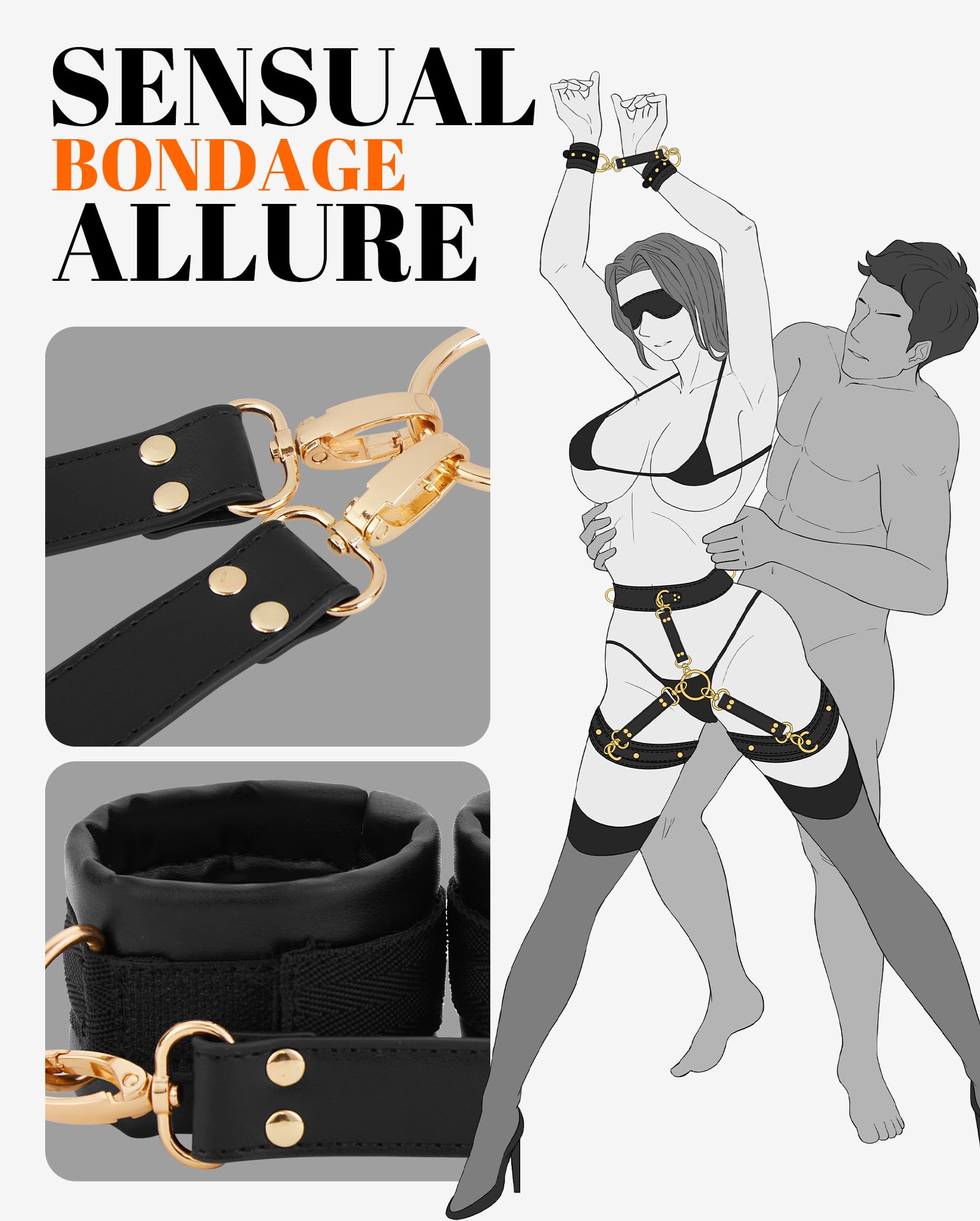 UTIMI Sex Bondage BDSM Kit Restraints Adult SM 6PCS Sets with Adjustable Handcuffs Ankle Cuff Thigh Cuffs Waist Strap Blindfold Cross Strap Sex Toys for Men Women and Couples,: Black