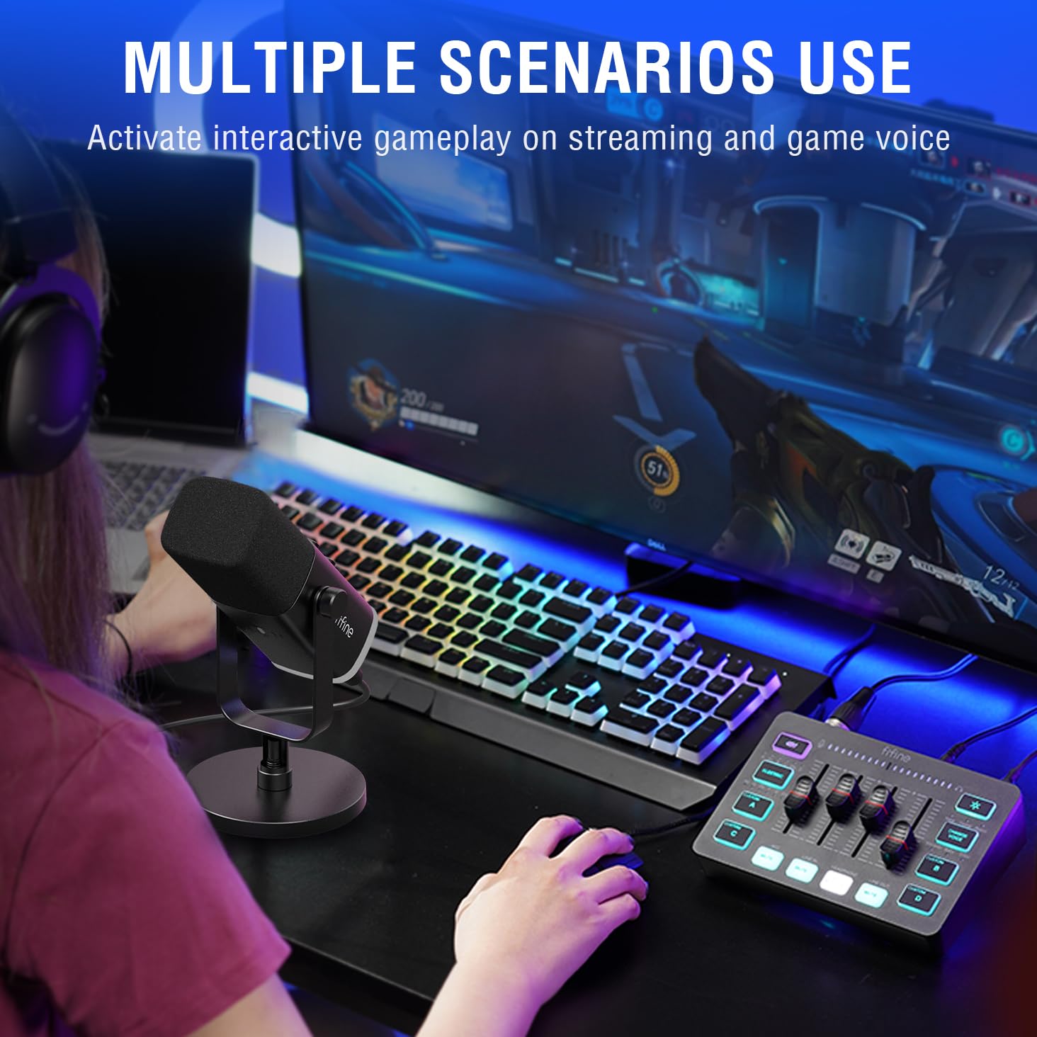 FIFINE Gaming Equipment Bundle, Dynamic XLR/USB Gaming Microphone Set with Streaming Audio Mixer for Podcast Recording Video Vocal, RGB Gamer Set with Volume Fader/XLR Interface for PC-AmpliGame KS5: Black