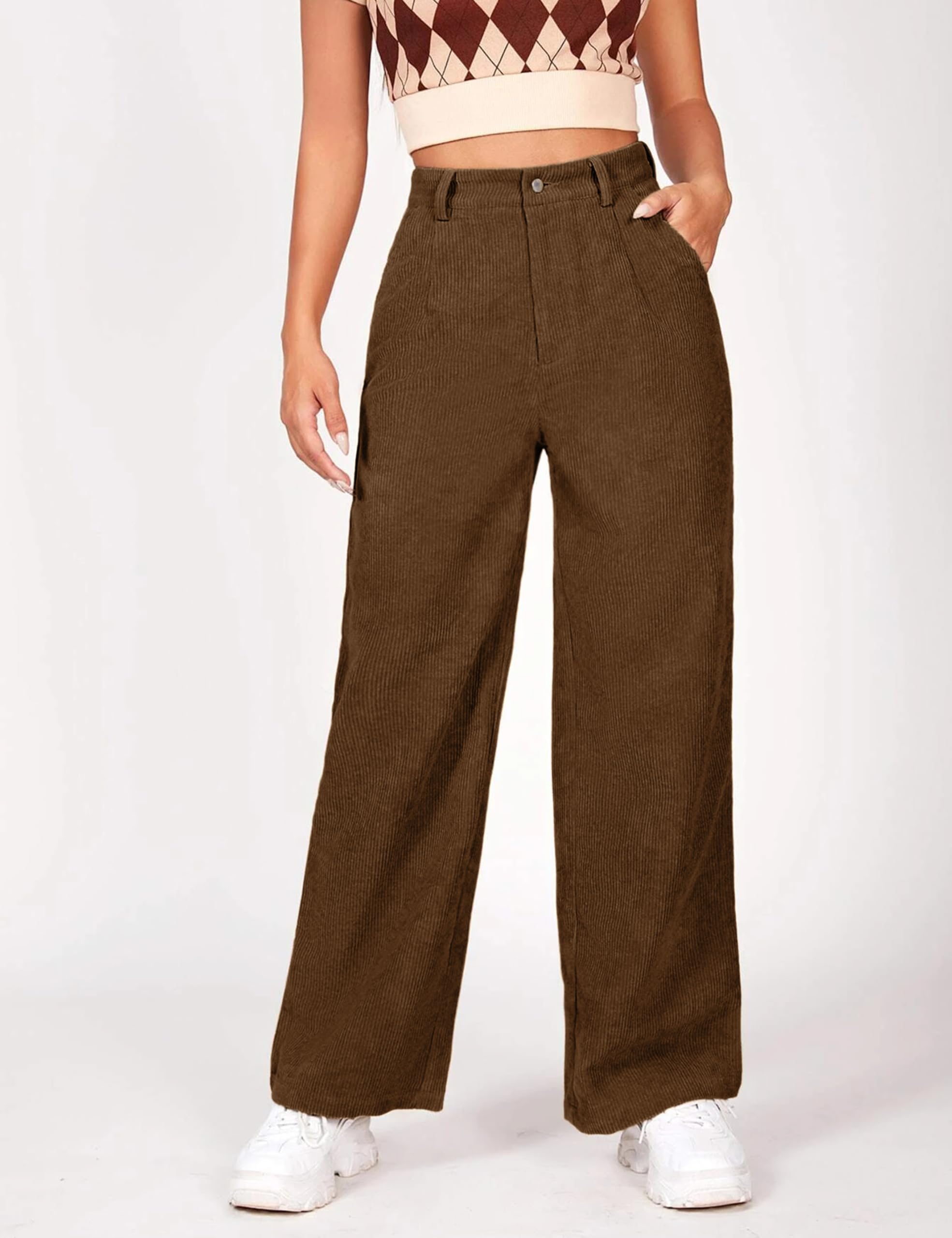 Himosyber Corduroy Pants for Women Casual Elastic High Waist Stretchy Wide Leg Pants Loose Fit Comfy Trousers with Pockets thumbnail 2