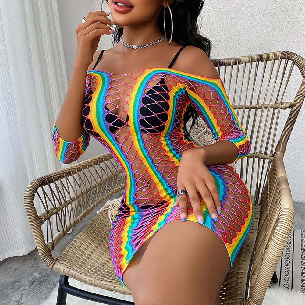 ABAFIP Women Colorful Rainbow Striped Fishnet Bodysuit Teddy Babydoll Mini Dress Festival Rave Dance Bikini Beach Coverups