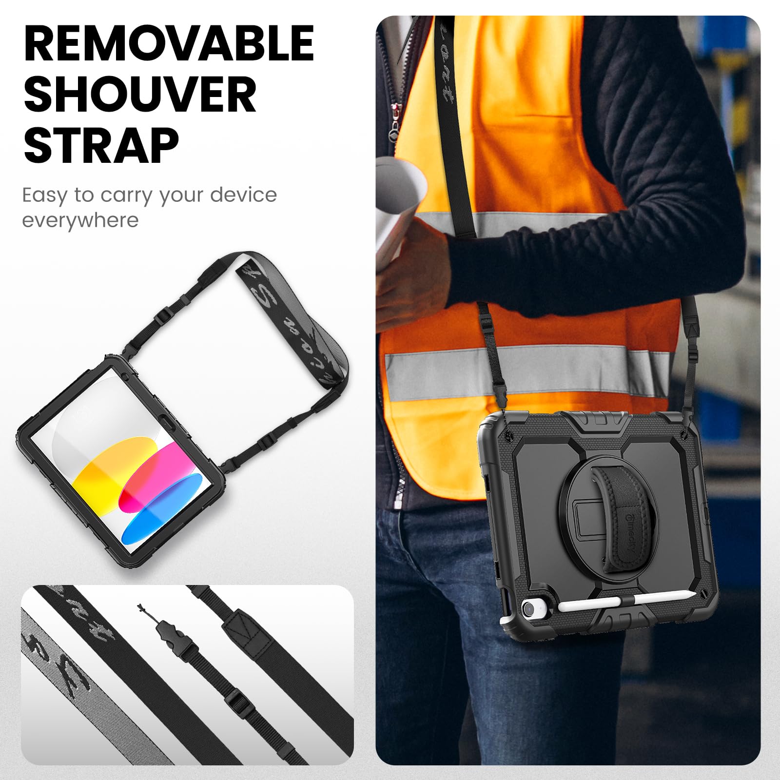 timecity for iPad (A16) 11th/ 10th Generation Case 11''/ 10.9 Inch (2025/2022) - Heavy Duty Protective Cover with Screen Protector, Stand, Shoulder Strap & Pencil Holder | Kids-Friendly - Black