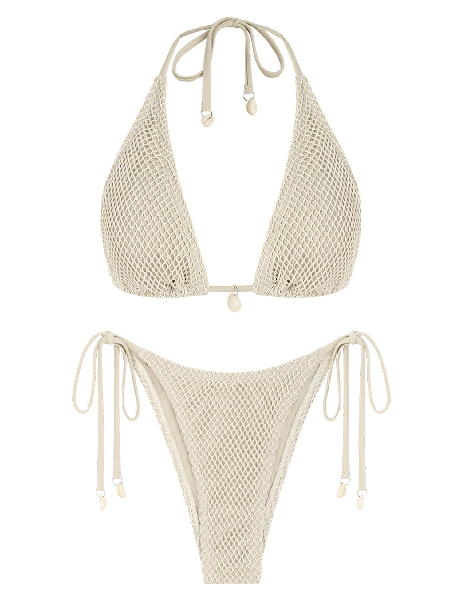 ZAFUL Women's Triangle Bikini Multiway Fishnet Tie Side Bandeau Halter String Bikini Set Two Piece Swimsuit Bathing Suits: 1-light Coffee Small