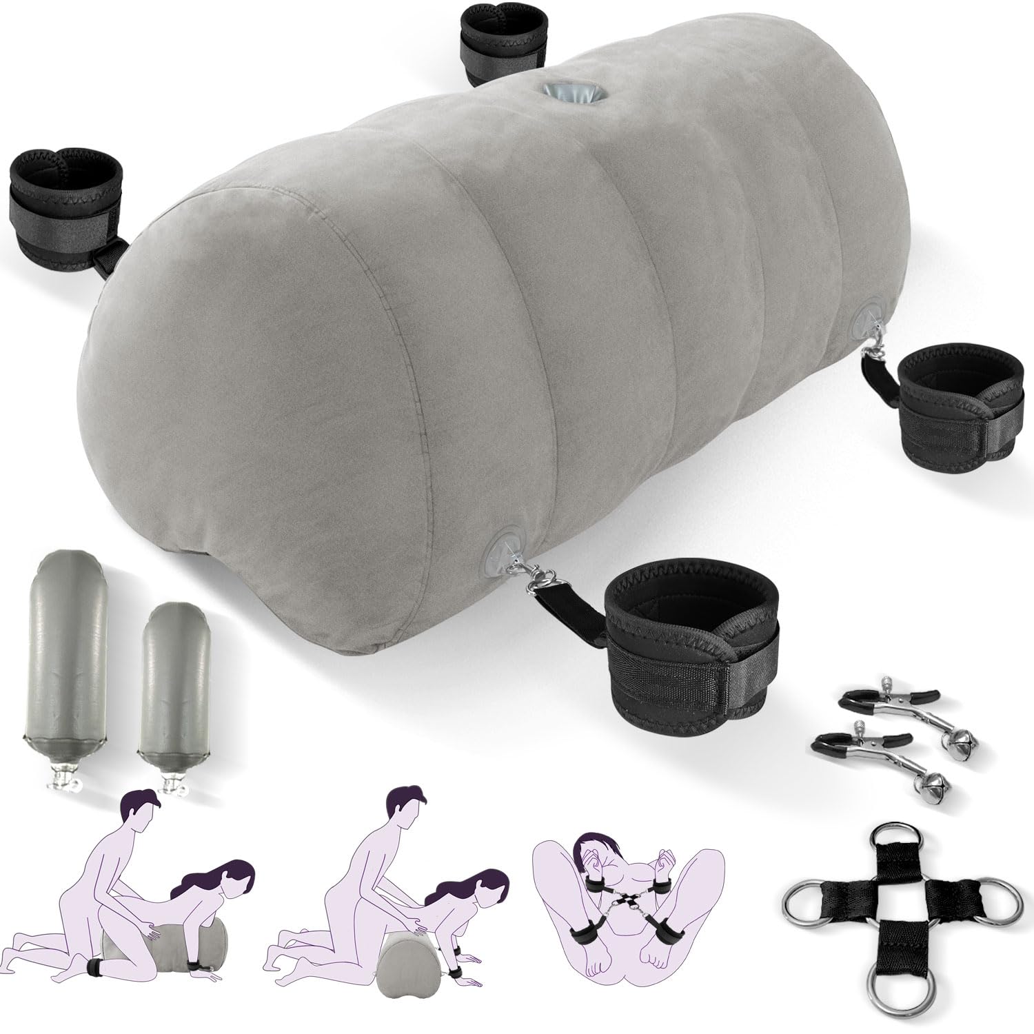 Sex Pillow Couples Sex Toys, Heart Shaped Inflatable Cushion Furniture for Bedroom Dildo Mount, Upsize Wedge with Bondage Cuffs, Cross Strap, Nipple Clamps BDSM Kit