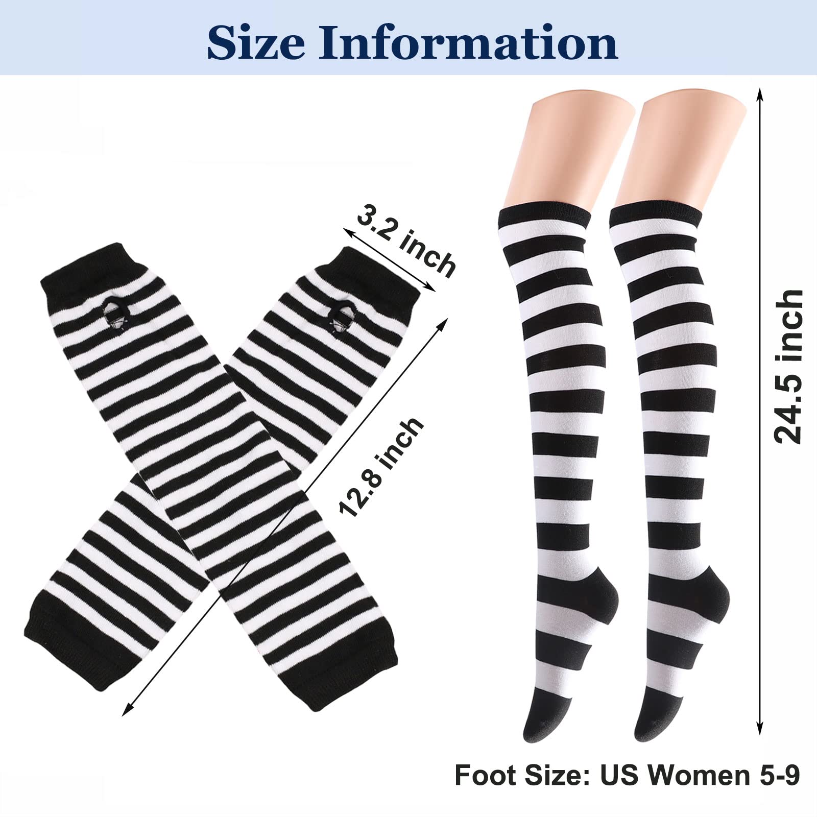Ibeauti 8 Pcs Womens Striped Knee High Socks Stockings Y2K Goth Knitted Long Arm Warmer Fingerless Gloves Set: 4-black/Purple/Yellow/Pink