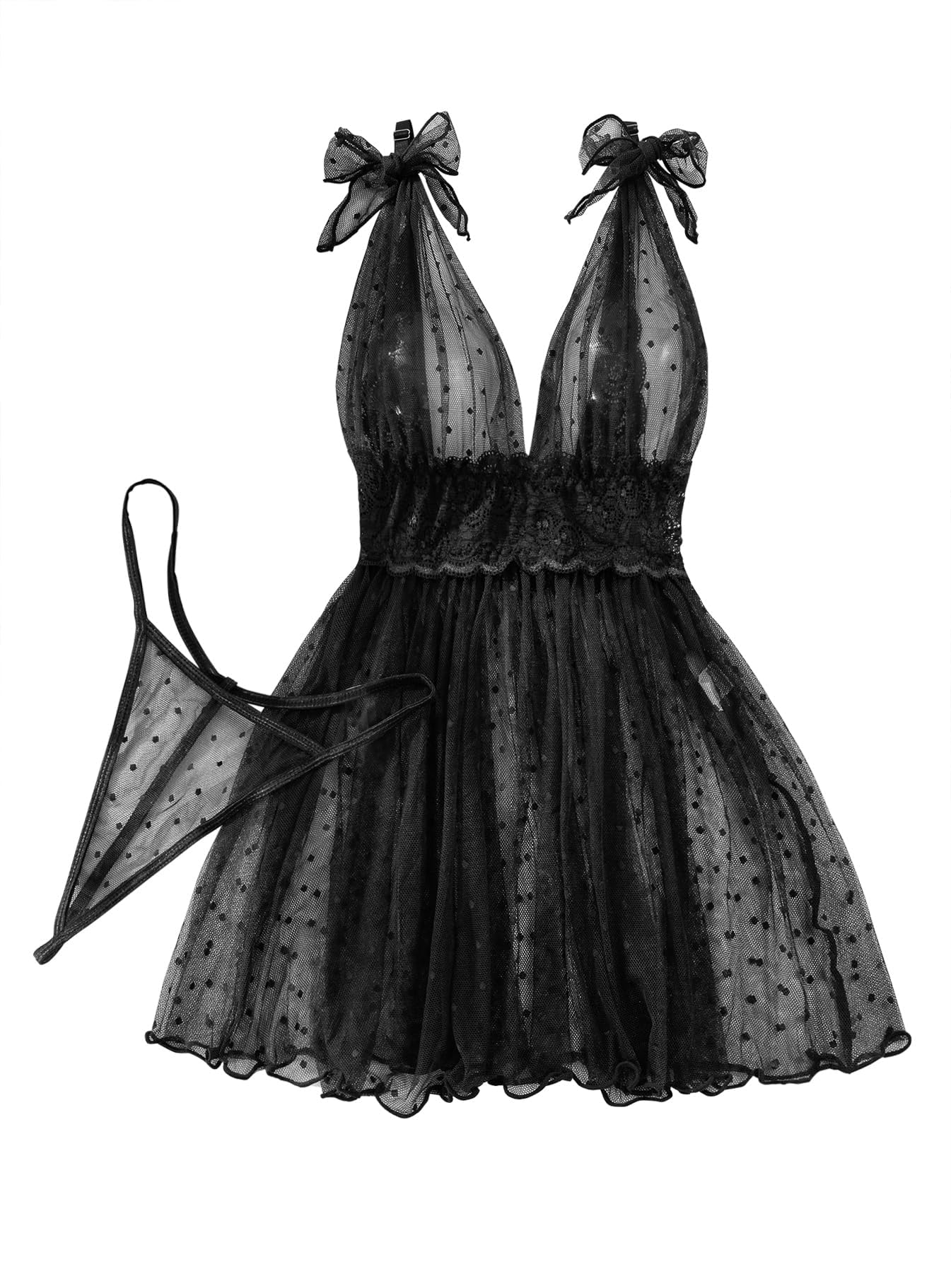 Lilosy Sexy Polka Dots Mesh Sheer Lace Babydoll Chemise Lingerie Set Floral Lace Sleep Wear: 3X-Large Black