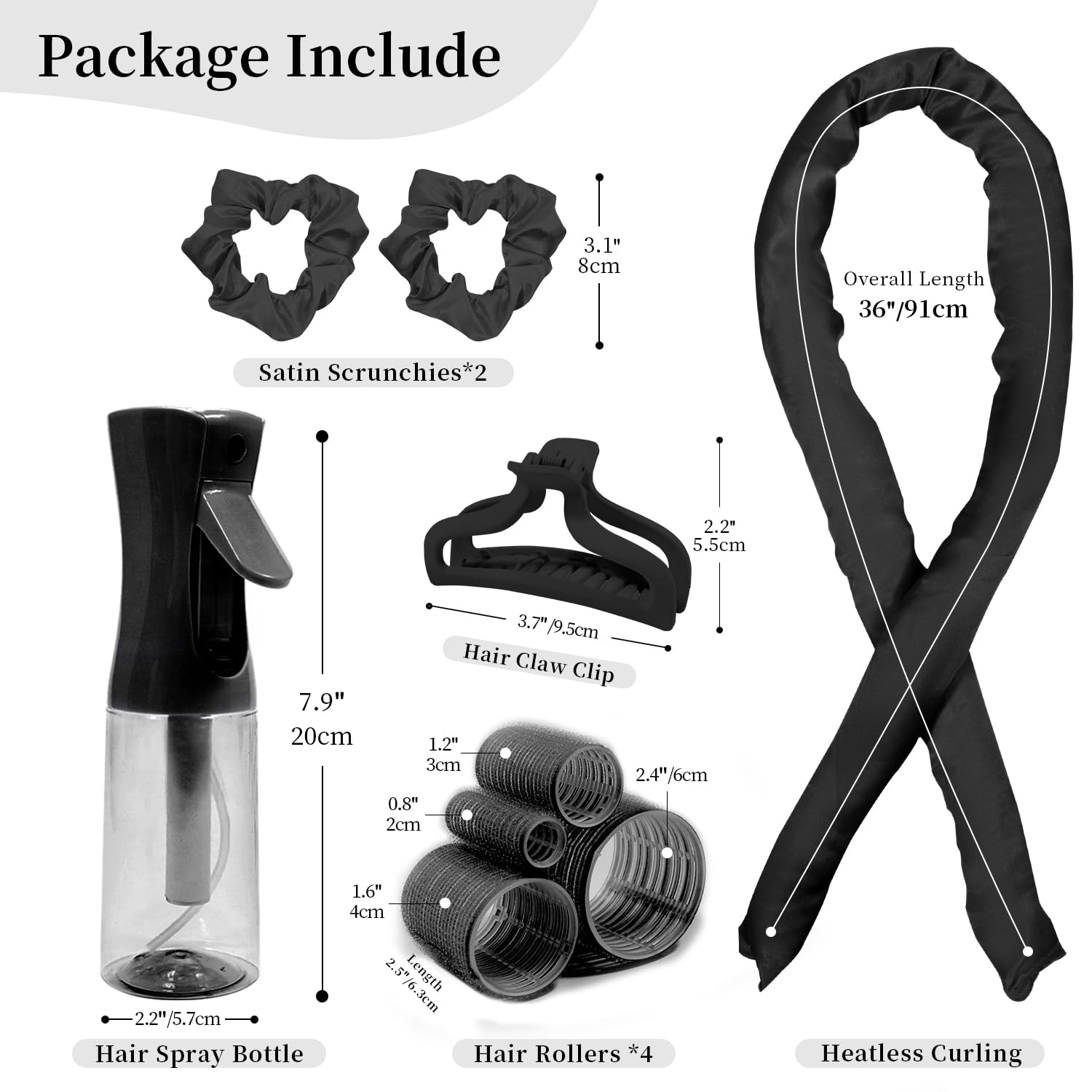 Heatless Curls Overnight, Heatless Hair Curler and Curling Scrunchie Set, Heatless Curling Rod with Spray Bottle, No-Heat Hair Curlers, Overnight Blowout Rods, for Medium to Long Hair (Black): Black-9pcs
