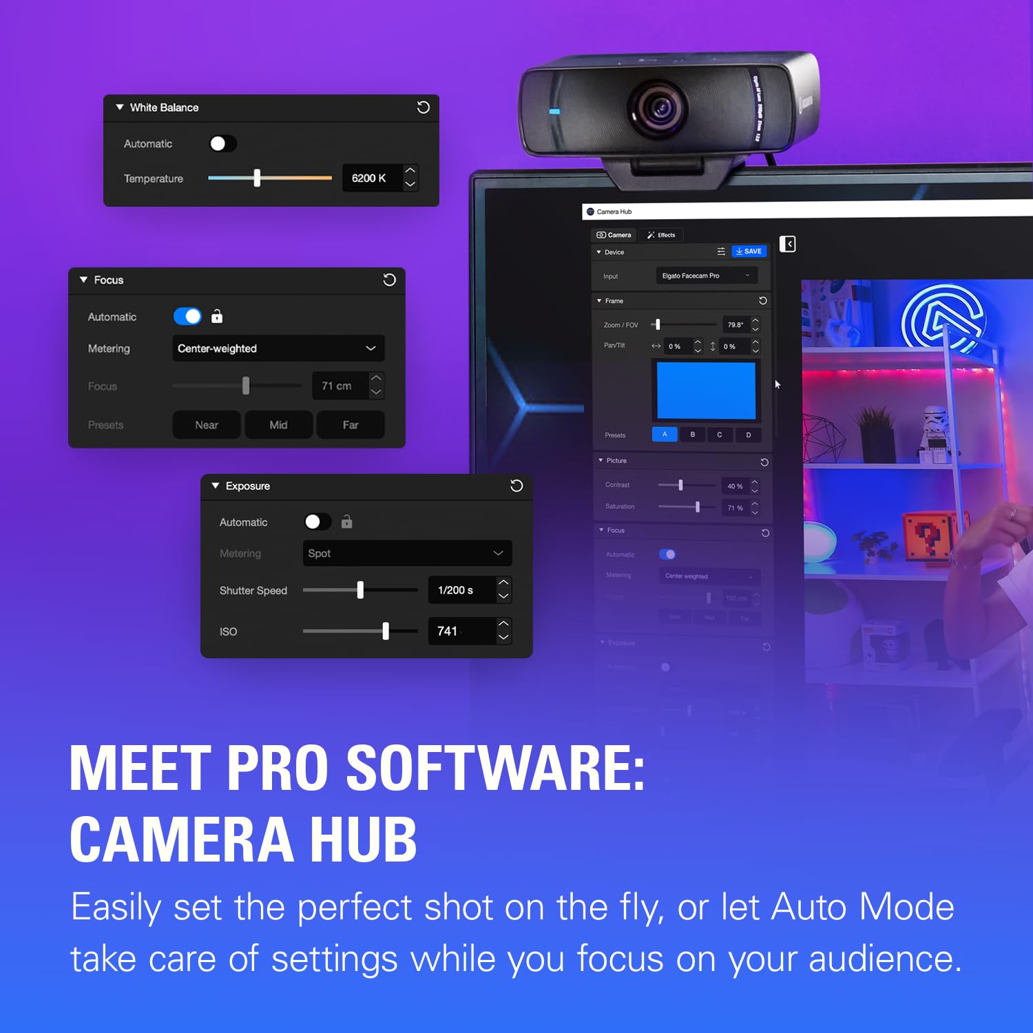 Elgato Facecam Pro, True 4K60 Ultra HD Webcam for Live Streaming, Gaming, Video Calls, Sony Sensor, Advanced Light Correction, DSLR Style Control, Wide Angle, works with OBS, Teams, Zoom, PC/Mac: Facecam Pro Facecam Pro