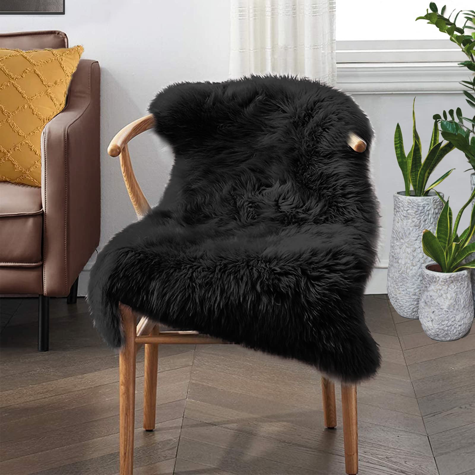 Goolela Black Fluffy Faux Fur Rug 2x3 Black Fuzzy Furry Sheepskin Rug Small Carpet for Bedroom Dorm Bathroom Washable Rectangle: 2&apos; x 3&apos; (Rectangular) Black