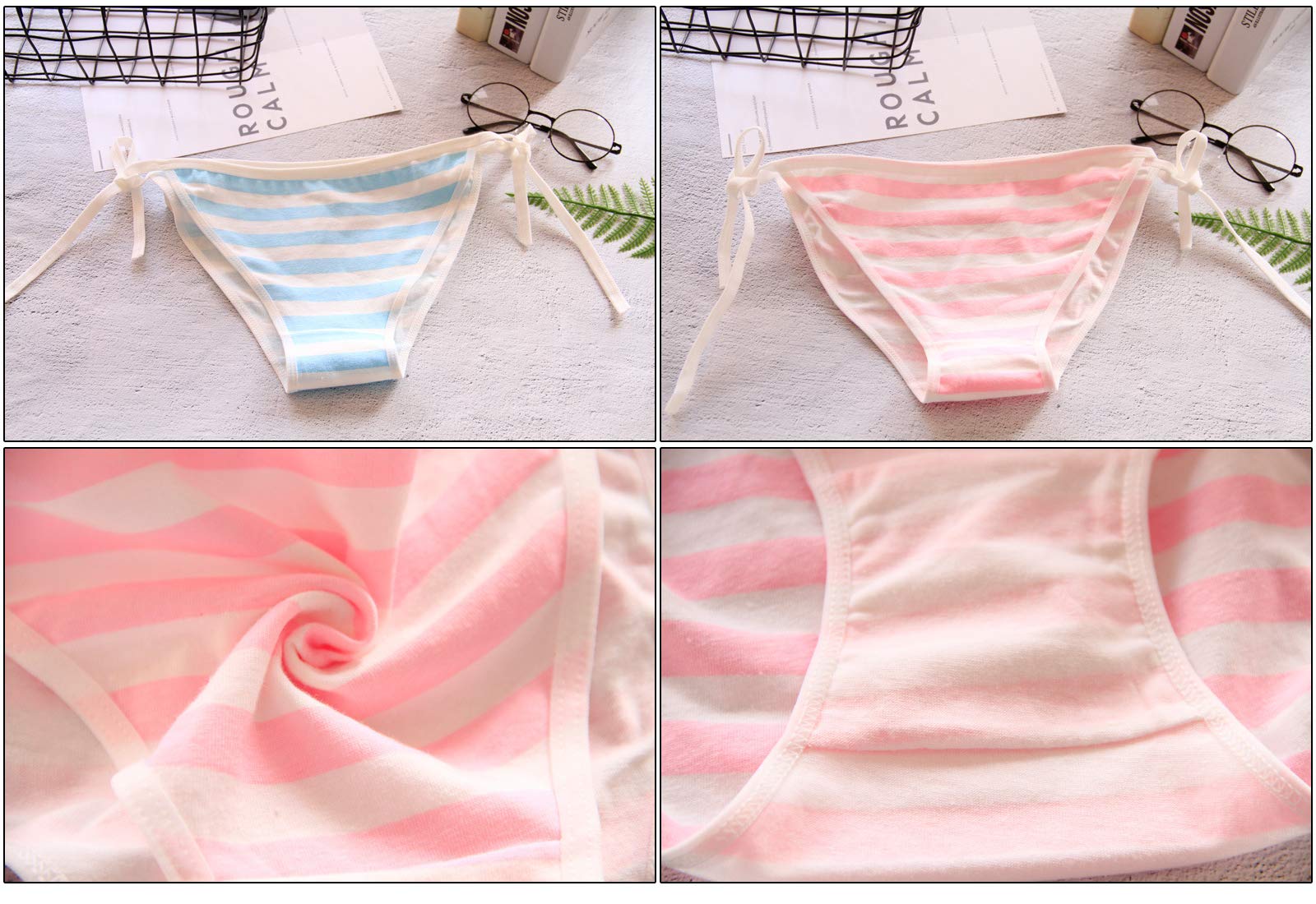 SINROYEE Cute Japanese Style Blue & pink Stripe Panties Bikini Cosplay Cotton Underwear Bandage Anime Free size Hot (2 pieces) (C008 stripe)