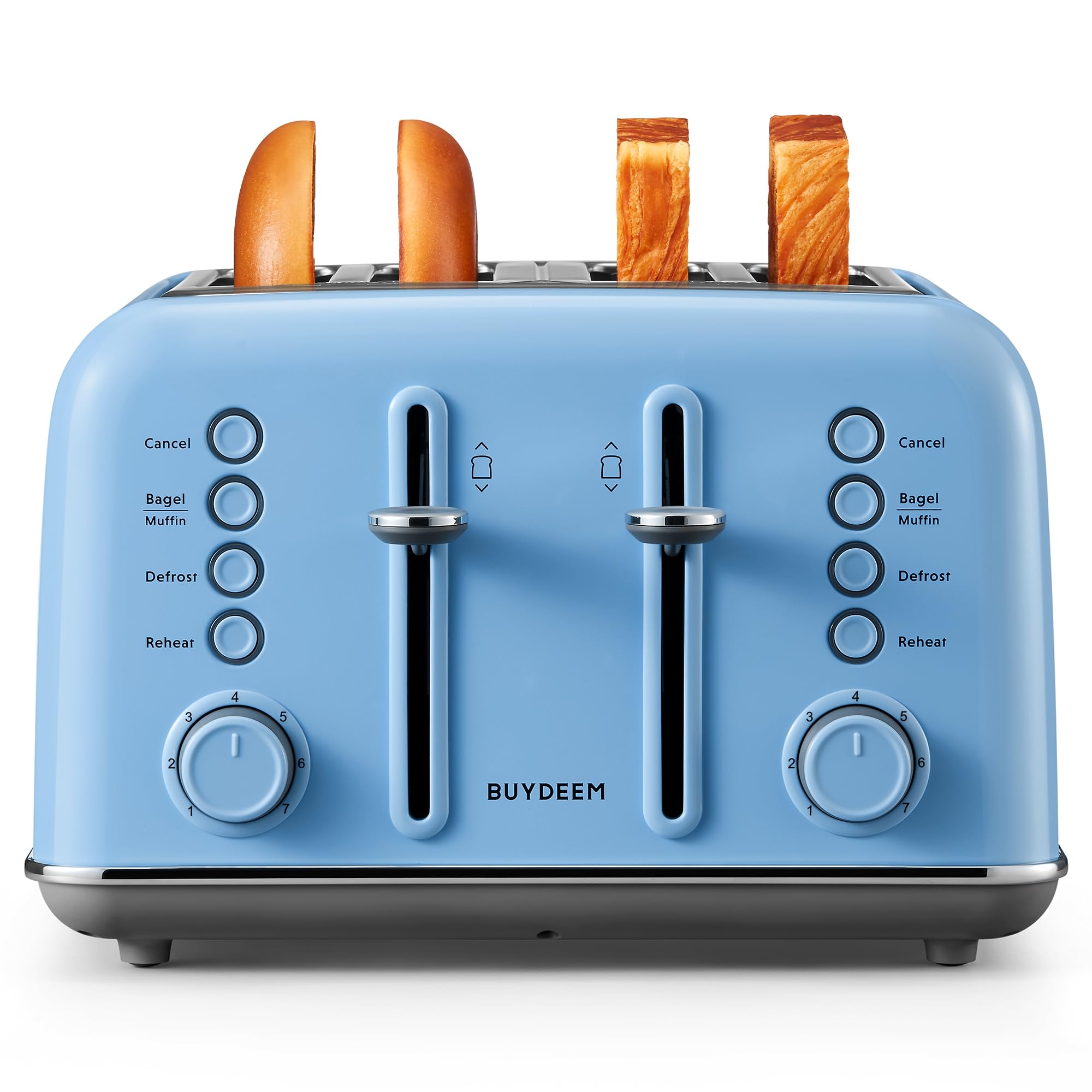 BUYDEEM DT640 4-Slice Toaster, Extra Wide Slots, Retro Stainless Steel with High Lift Lever, Bagel and Muffin Function, Removal Crumb Tray, 7-Shade Settings,