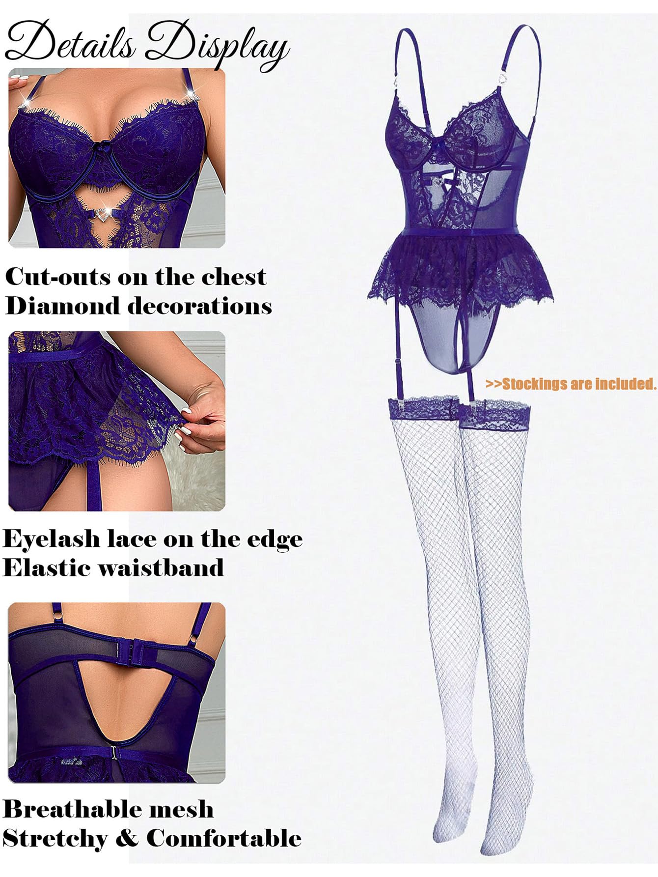 Alrovetoney Women Lingerie Set Naughty Lace Bodysuit High Waisted Underwire Lingerie Babydoll With Garter Belt and Stockings: Medium Purple
