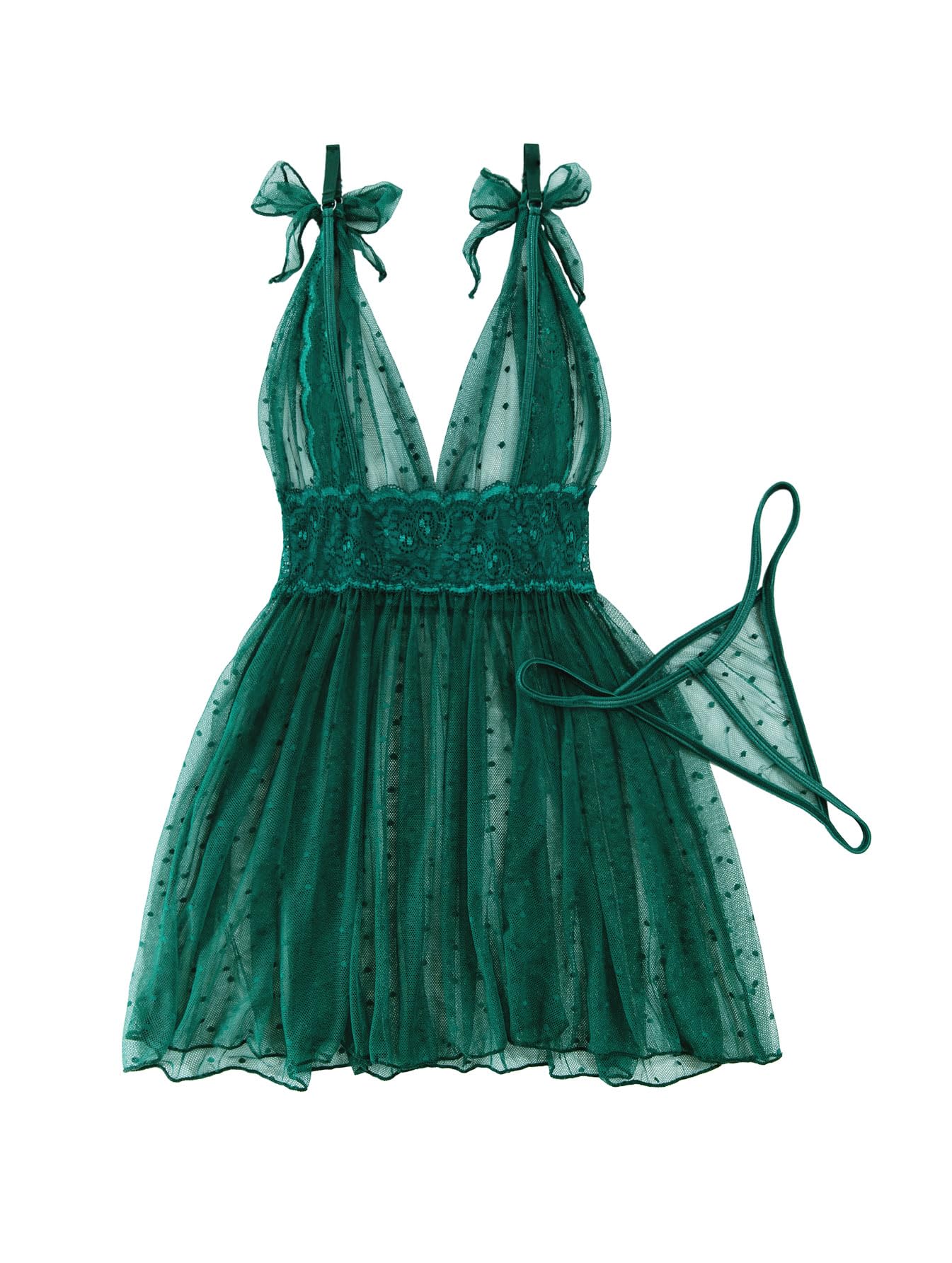 Lilosy Sexy Polka Dots Mesh Sheer Lace Babydoll Chemise Lingerie Set Floral Lace Sleep Wear: 3X-Large Army Green