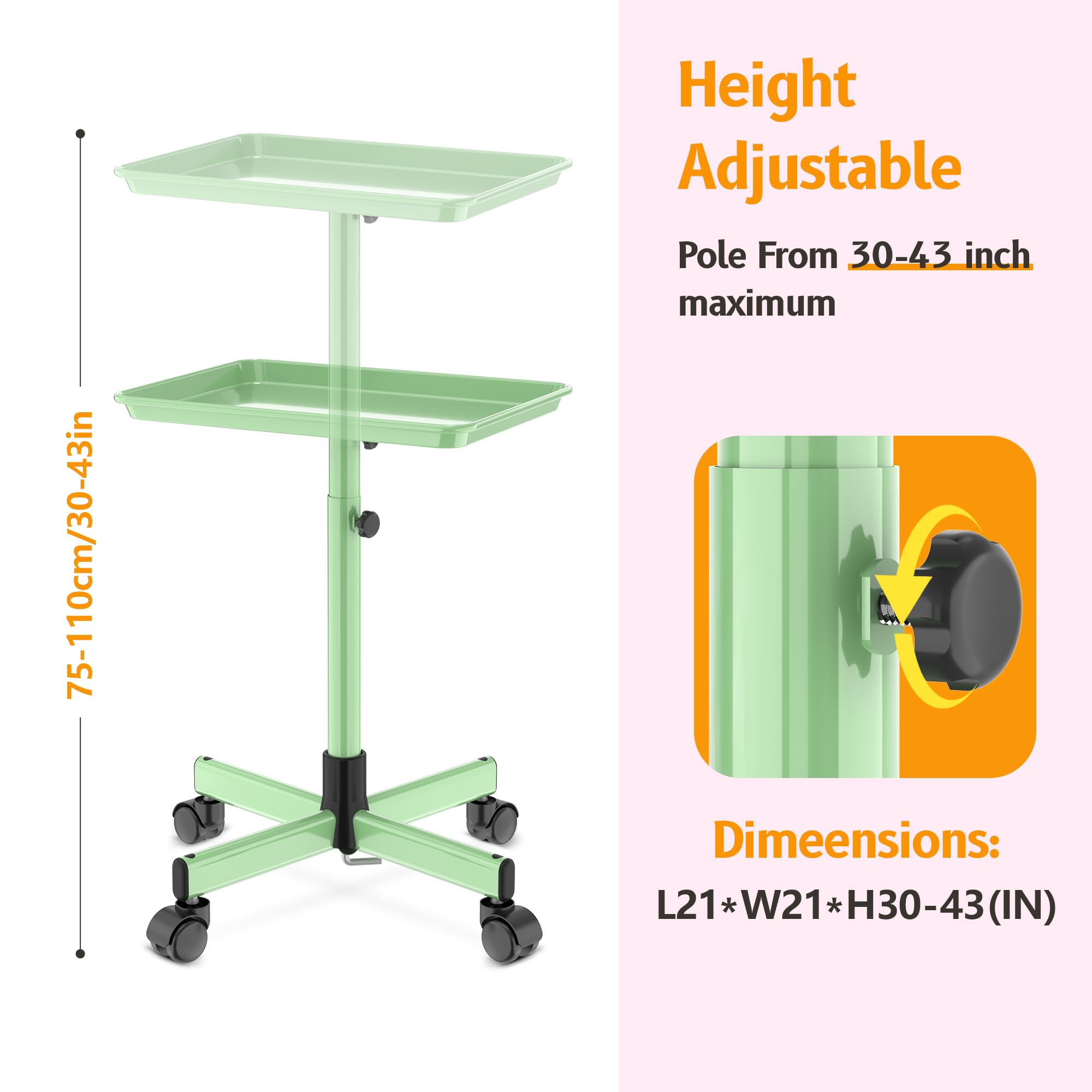 DEER BEAUTY Salon Tray on Wheels - Premium Aluminum Tattoo Tray Rolling Trolley - Adjustable Salon Service Rolling Tray Hairdresser Cart with Clinic Spa Rolling Tray Wheels ()