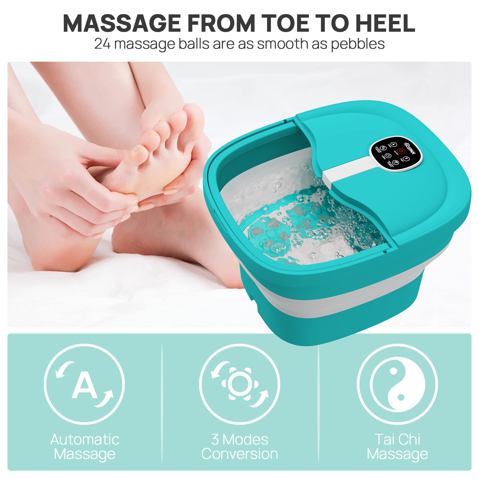HOSPAN Collapsible Foot Spa Electric Rotary Massage, Foot Bath with Heat, Bubble, Remote, and 24 Motorized Shiatsu Massage Balls. Pedicure Foot Spa for Feet Stress Relief: Sky Blue