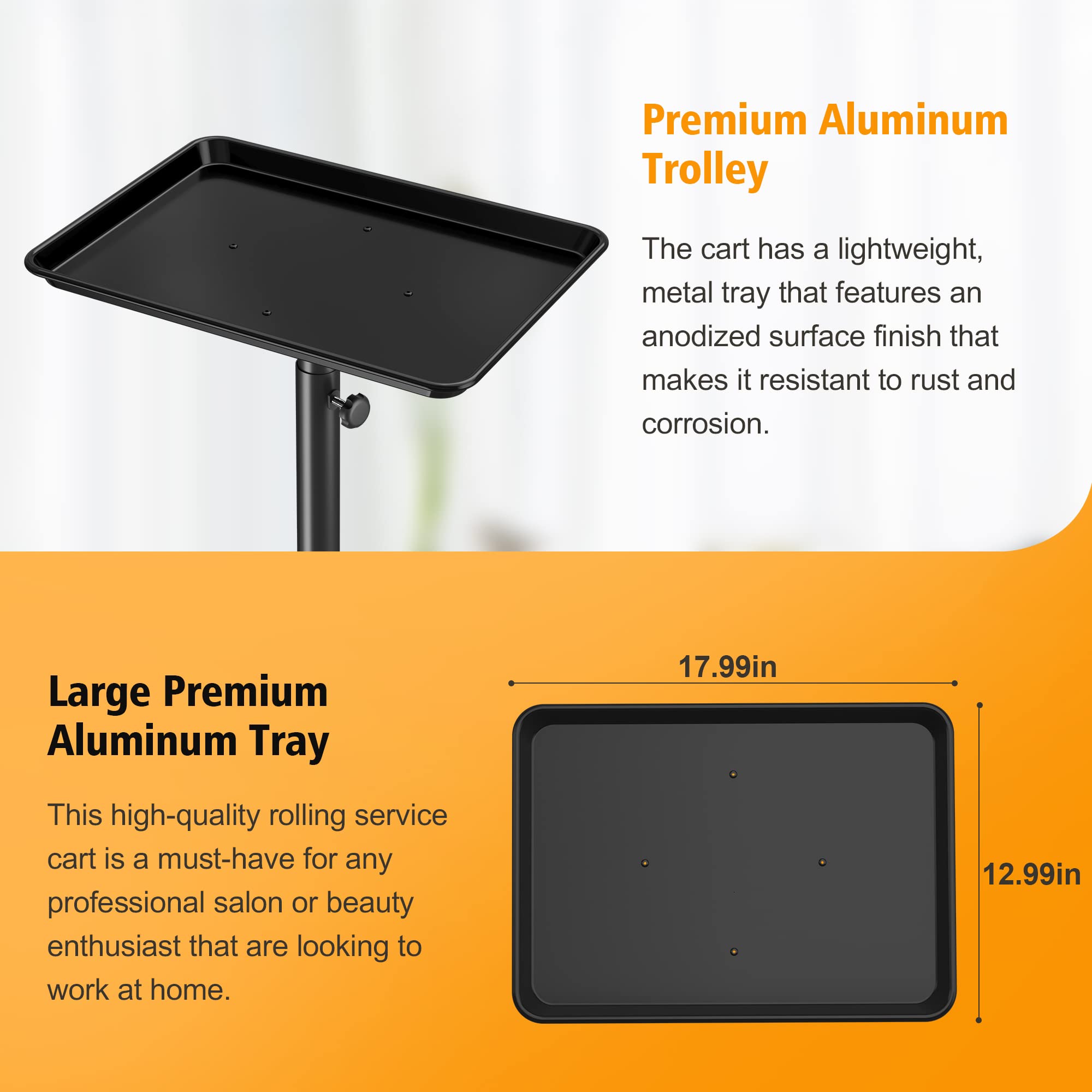 DEER BEAUTY Salon Tray on Wheels - Premium Aluminum Tattoo Tray Rolling Trolley - Adjustable Salon Service Rolling Tray Hairdresser Cart with Clinic Spa Rolling Tray Wheels (): Black