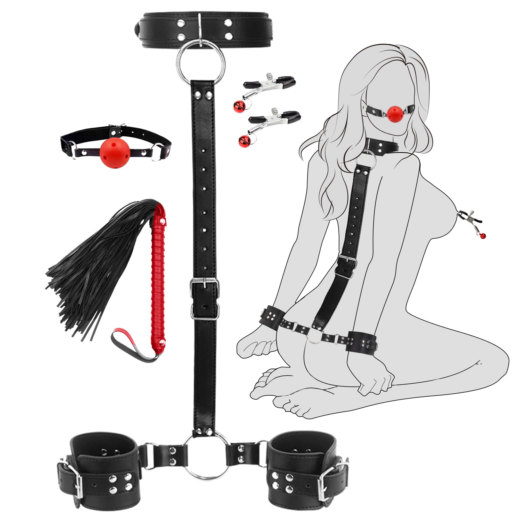 Bondage Neck to Wrist Restraints Sex Toys, BDSM Couple Handcuffs Collar Adjustable with Nipple Clamps Ball Gag Sex Whip, Sex Bondage Set Adult Toys for Couples