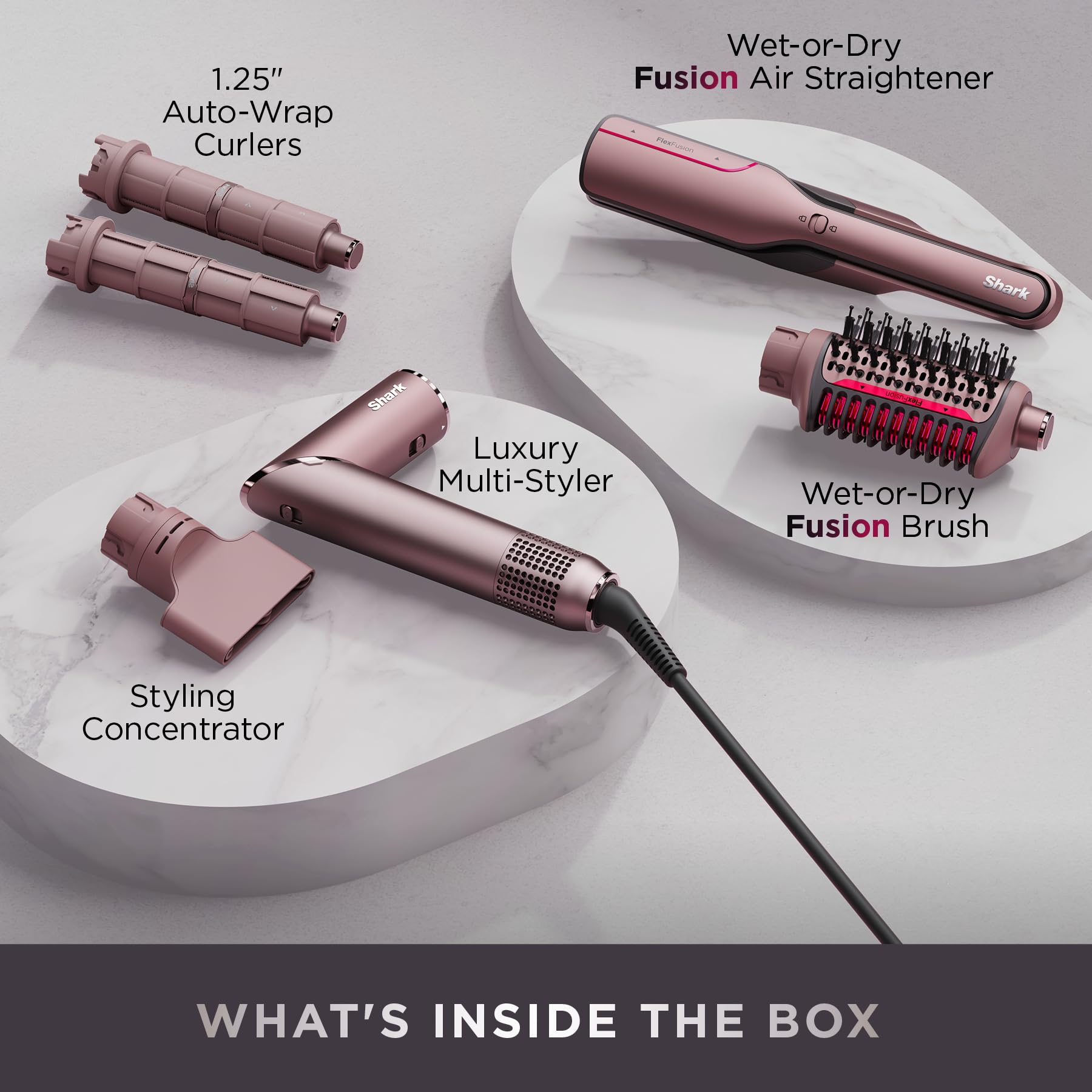 Shark FlexFusion Hair Straightener & Powerful Hair Dryer with Fusion Hair Brush, Ceramic Air Styler with Auto-Wrap Hair Curlers & Concentrator, Ceramic Plates, Cosmic Blush HD641S