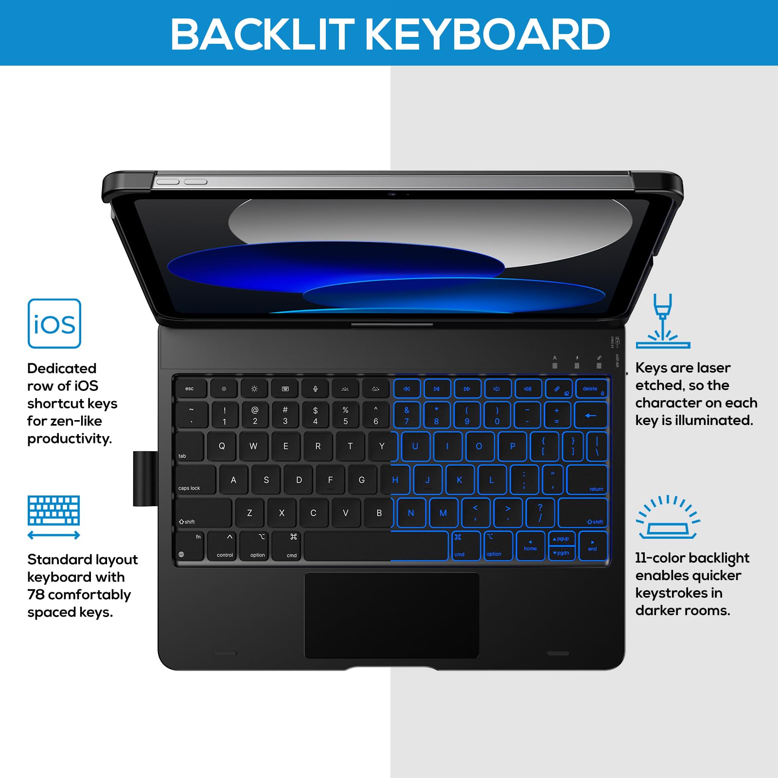 typecase Touch iPad 10th Generation Case with Keyboard (10.9", 2022) & iPad 11th (A16, 2025) - 360° Rotatable, 11-Color Backlight,Multi-Touch Trackpad, Thin & Light (Black)