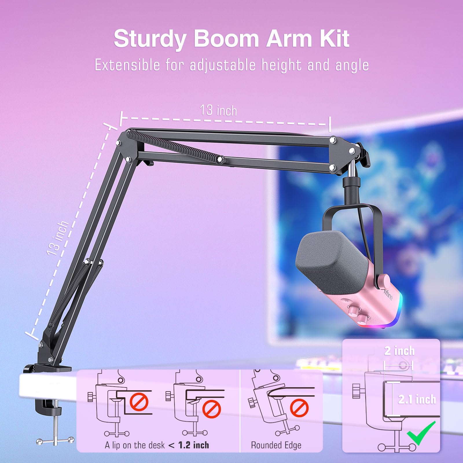 FIFINE XLR/USB Gaming Microphone Set, Dynamic PC Mic for Streaming Podcasting, Computer RGB Mic Kit with Boom Arm Stand, Mute Button, Headphones Jack, for Recording Vocal Voice-Over-AmpliGame AM8T thumbnail 7