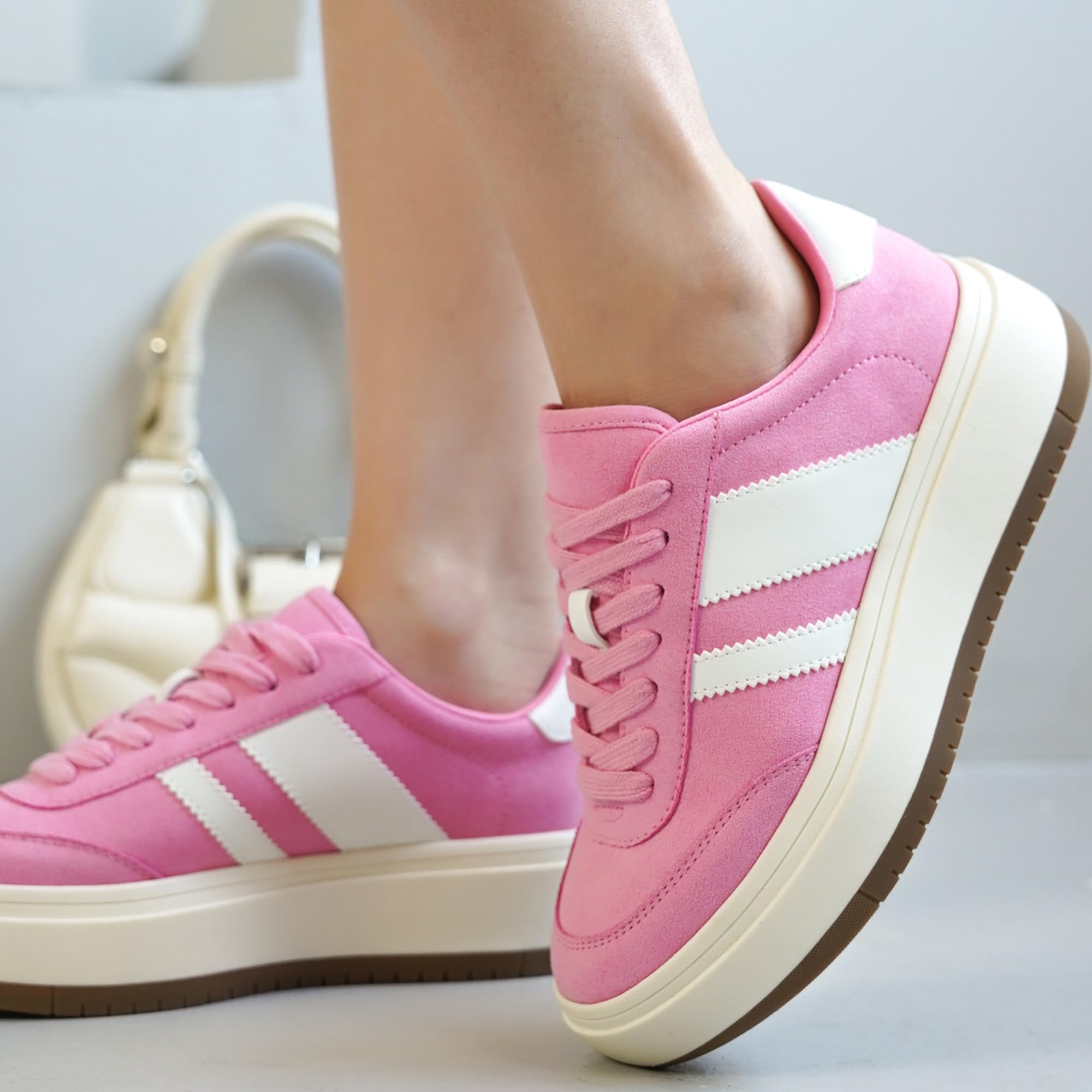 Project Cloud Platform Sneakers for Women - Lightweight Memory Foam Insole Fashion Sneakers for Women Footwear - Non-Slip Womens Sneakers Platform Shoes Women's Fashion (Nita): 7 Pink-white Stripes