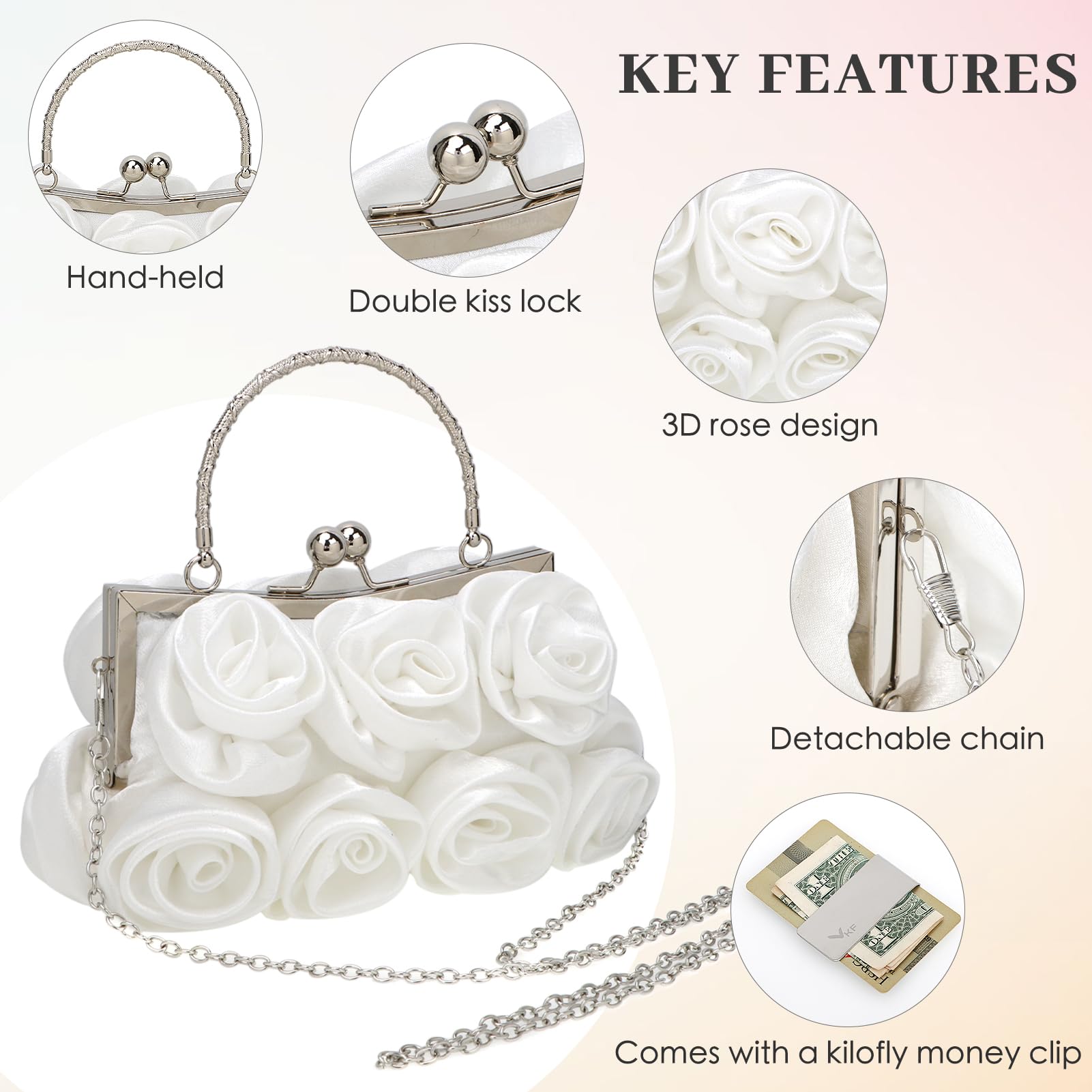 kilofly Missy K 7 Roses Clutch Purse, Satin, with Detachable Strap Money Clip