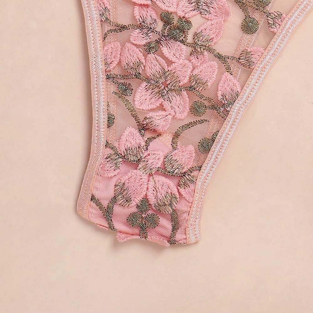 Lilosy Women Sexy Lace Up Floral Embroidered Teddy Lingerie Bodysuit Top Mesh Sheer One Piece: Small Pink