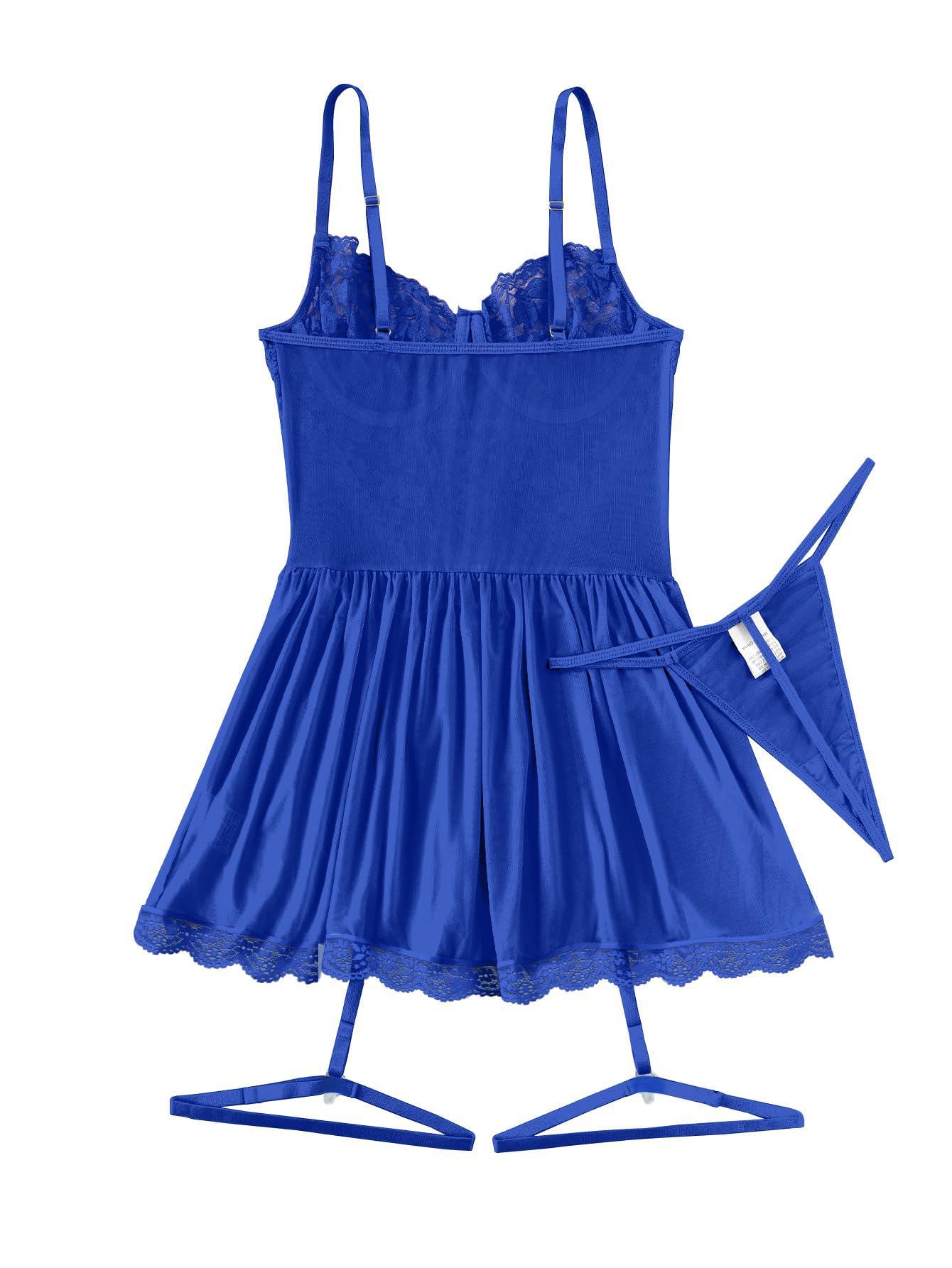 Lilosy Sexy Garter Belt Mesh Lace Babydoll Lingerie Dress Set with Thong: Wire Small Royal Blue
