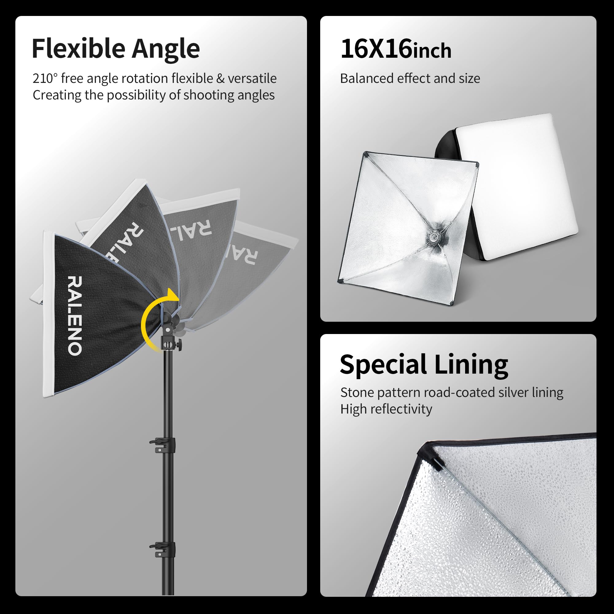 RALENO Softbox Photography Lighting Kit, 16'' x 16'' Softbox Lighting for TikTok with LED Bulb (50W | 5500K | 97 CRI | TLCI≥97), Continuous Lighting for Video Recording & Photography Shooting: Black