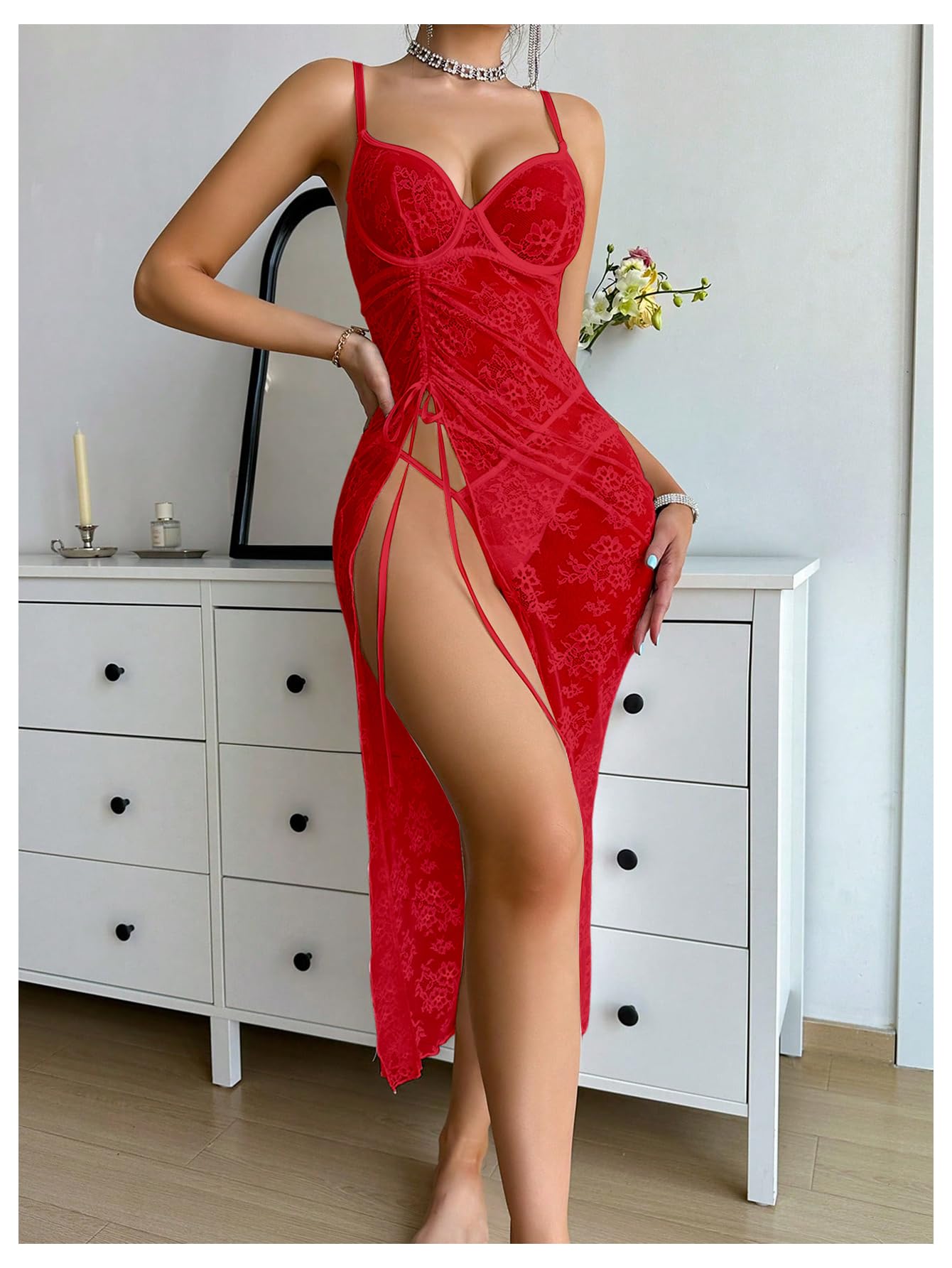 SHENHE Women's Lace Sheer Underwire High Slit Babydoll Dress and Panty Set 2 Piece Lingerie Set