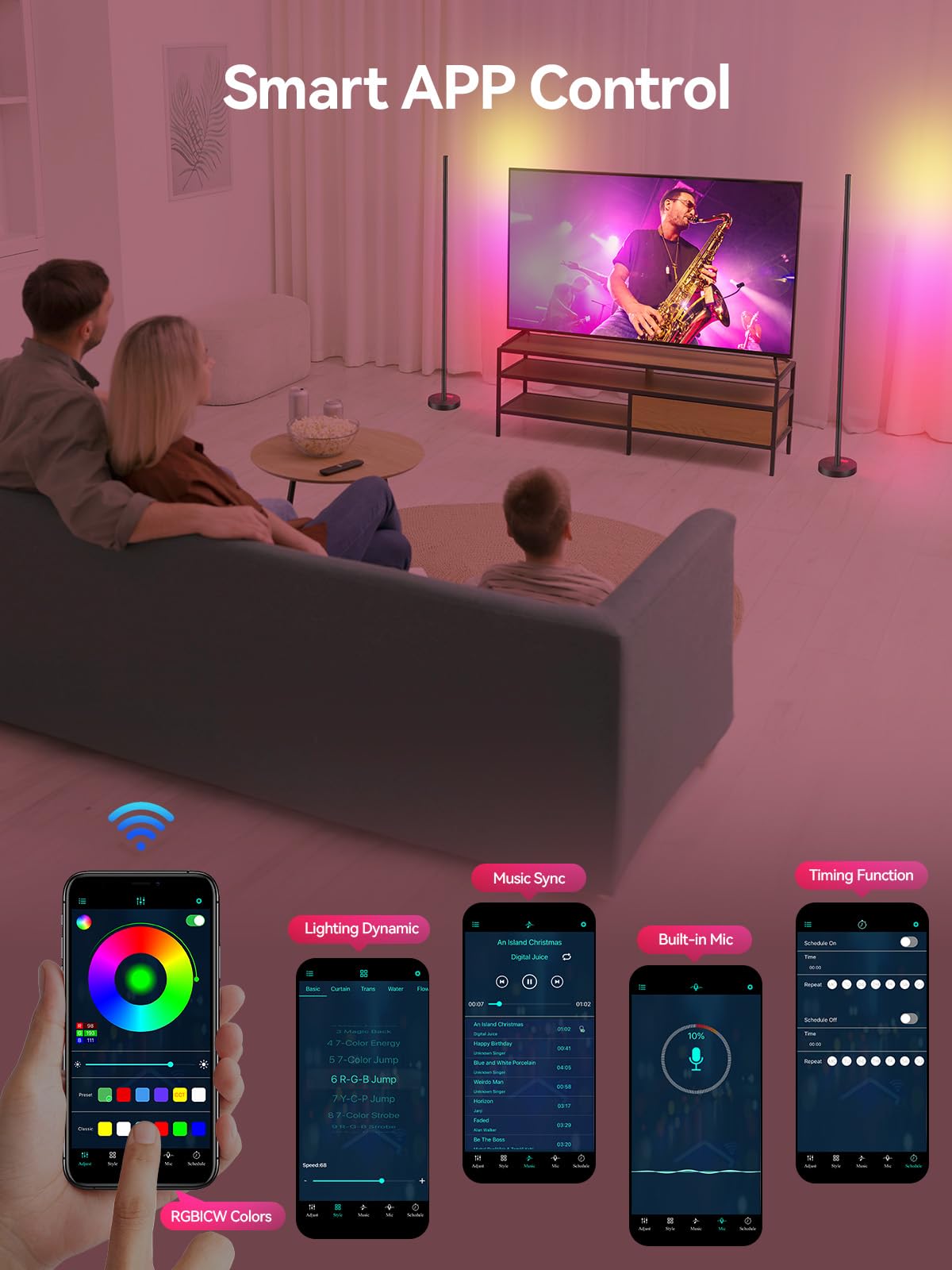 OIYN Smart RGBICW LED Corner Floor Lamp - 16 Million DIY Colors, 68+ Scenes, Music Sync, App & Remote Control, Color-Changing Ambient Lighting for Living Rooms, Bedrooms, and Gaming Rooms thumbnail 5