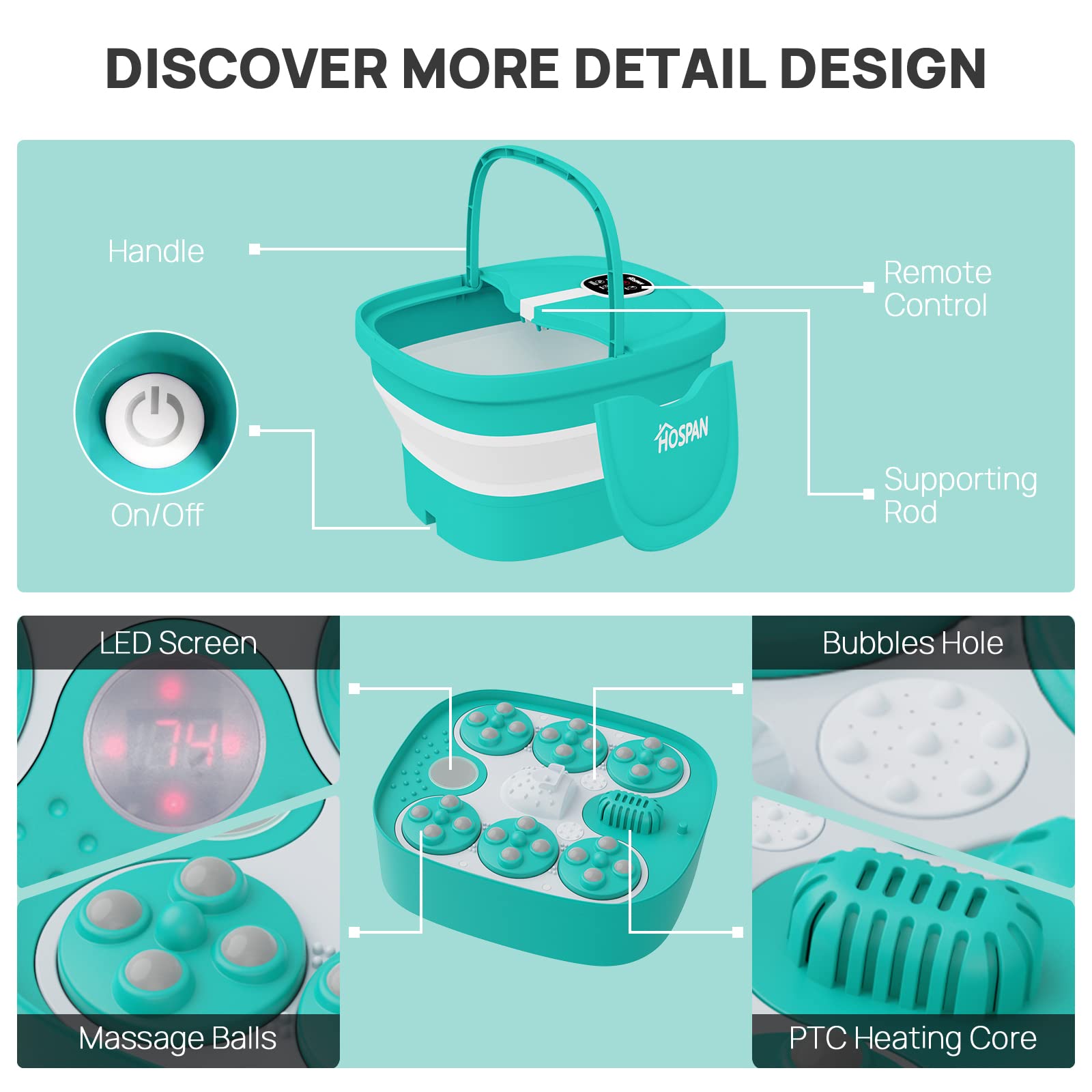 HOSPAN Collapsible Foot Spa Electric Rotary Massage, Foot Bath with Heat, Bubble, Remote, and 24 Motorized Shiatsu Massage Balls. Pedicure Foot Spa for Feet Stress Relief: Sky Blue