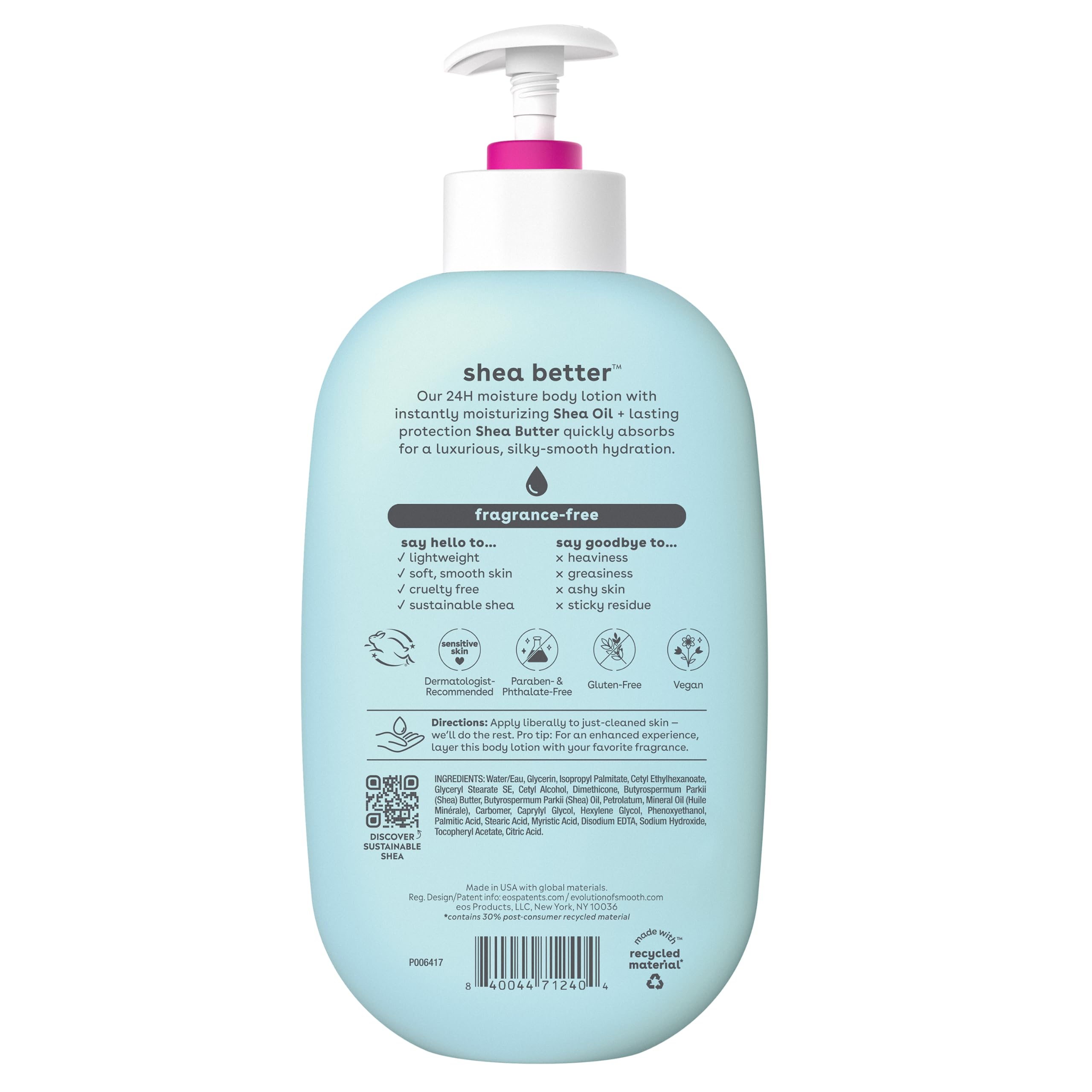 eos Shea Better Body Lotion- Pomegranate Raspberry, 24-Hour Moisture Skin Care, Lightweight & Non-Greasy, Made with Natural Shea, Vegan, 16 fl oz: Fragrance Free 16 Fl Oz (Pack of 1)